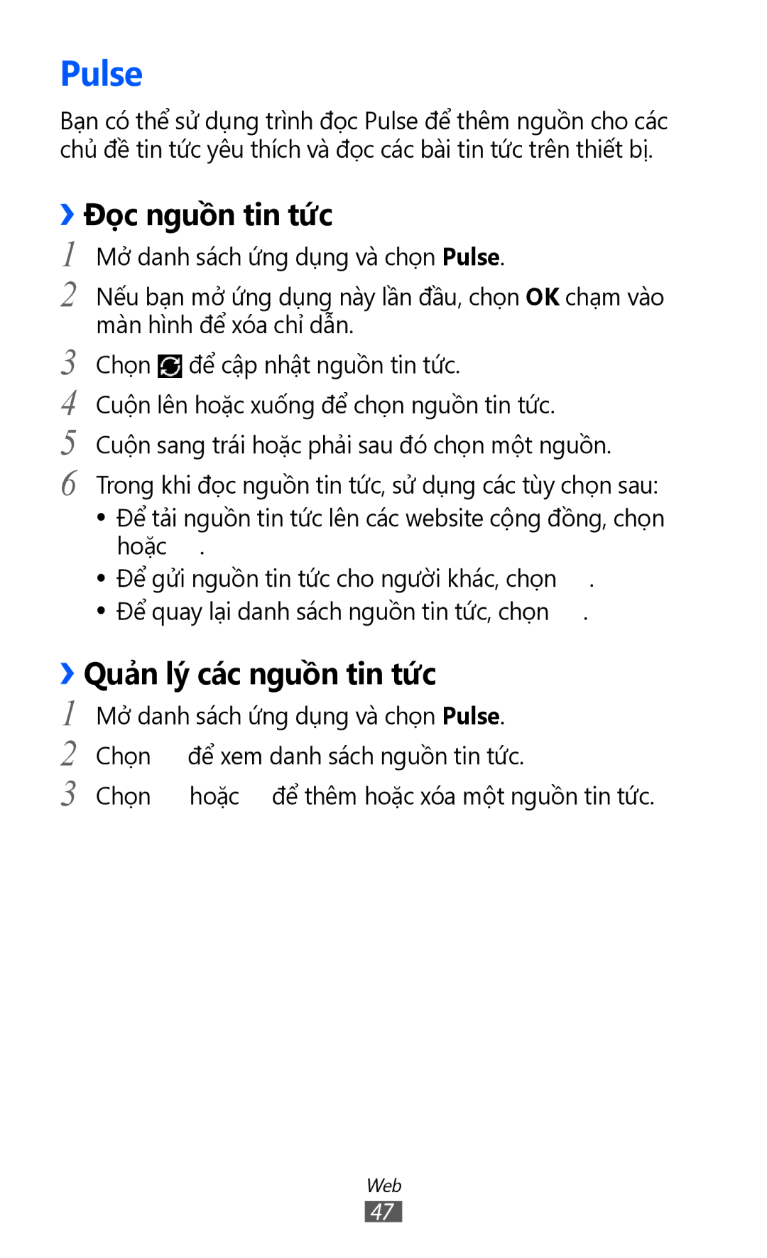 Samsung GT-P7310UWAXXV, GT-P7310FKAXXV, GT-P7310FKAXEV manual Pulse, ››Đọc nguồn tin tứ́c, ››Quả̉n lý các nguồn tin tứ́c 