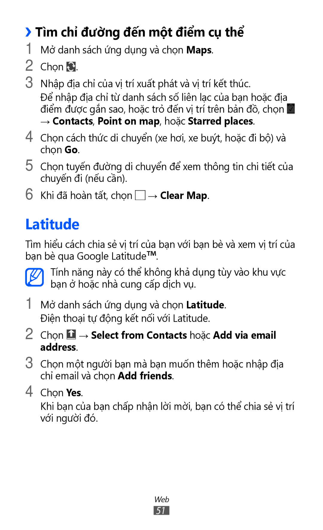 Samsung GT-P7310UWAXXV manual Latitude, ››Tì̀m chỉ đường đến một điểm cụ thể, → Contacts, Point on map, hoặc Starred places 