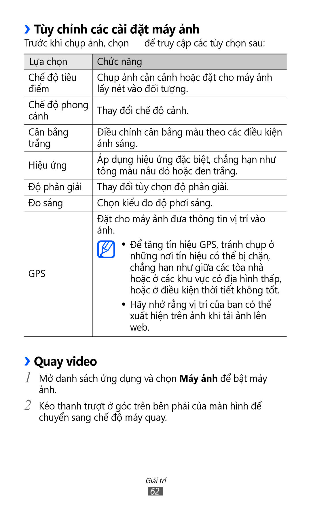 Samsung GT-P7310UWAXEV, GT-P7310FKAXXV, GT-P7310FKAXEV, GT-P7310UWAXXV manual ››Tùy chỉnh các cài đặt máy ả̉nh, ››Quay video 