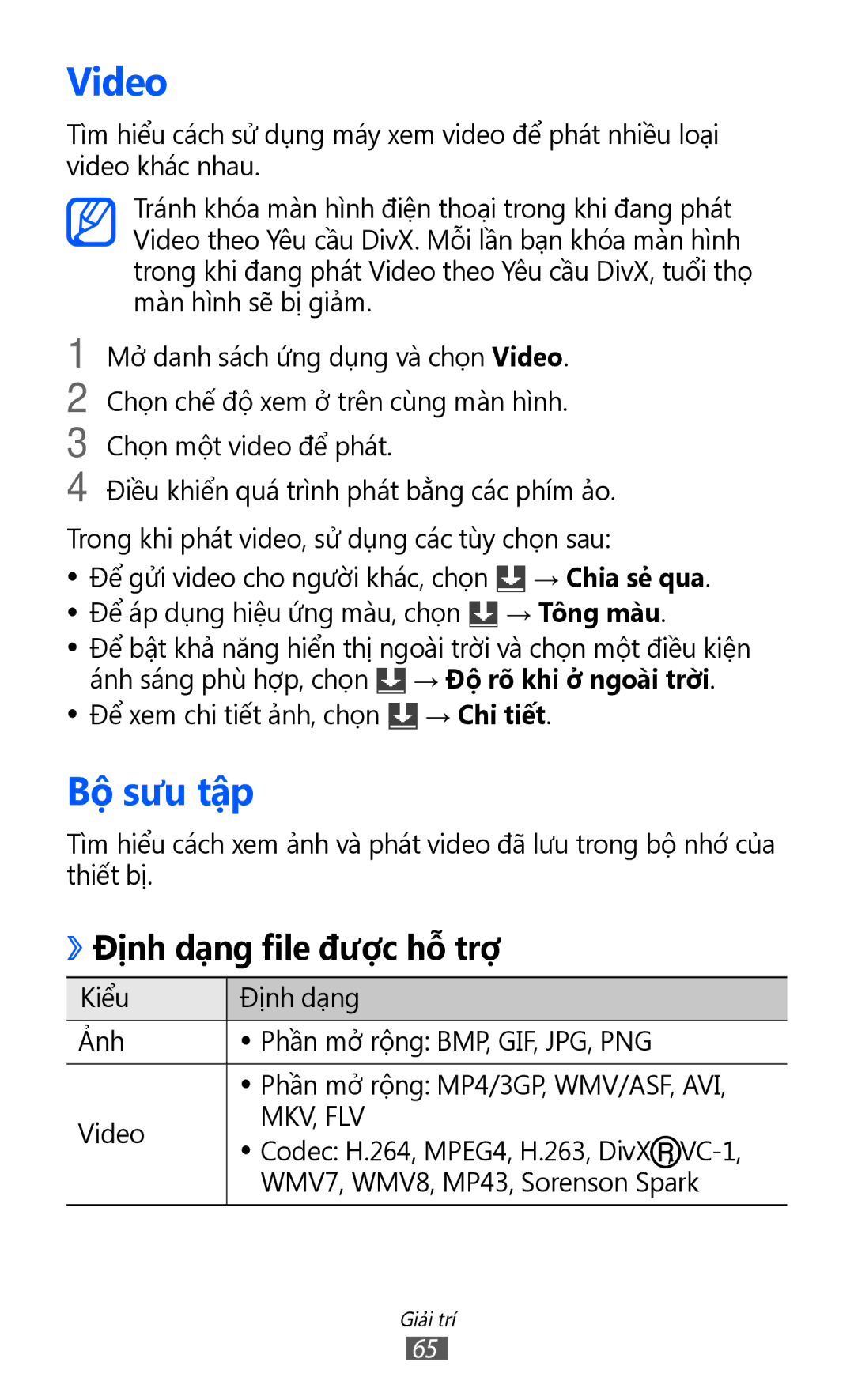 Samsung GT-P7310FKAXEV, GT-P7310FKAXXV manual Video, Bộ sưu tập, Định dạng file được hỗ trợ, → Tông màu, → Chi tiết 