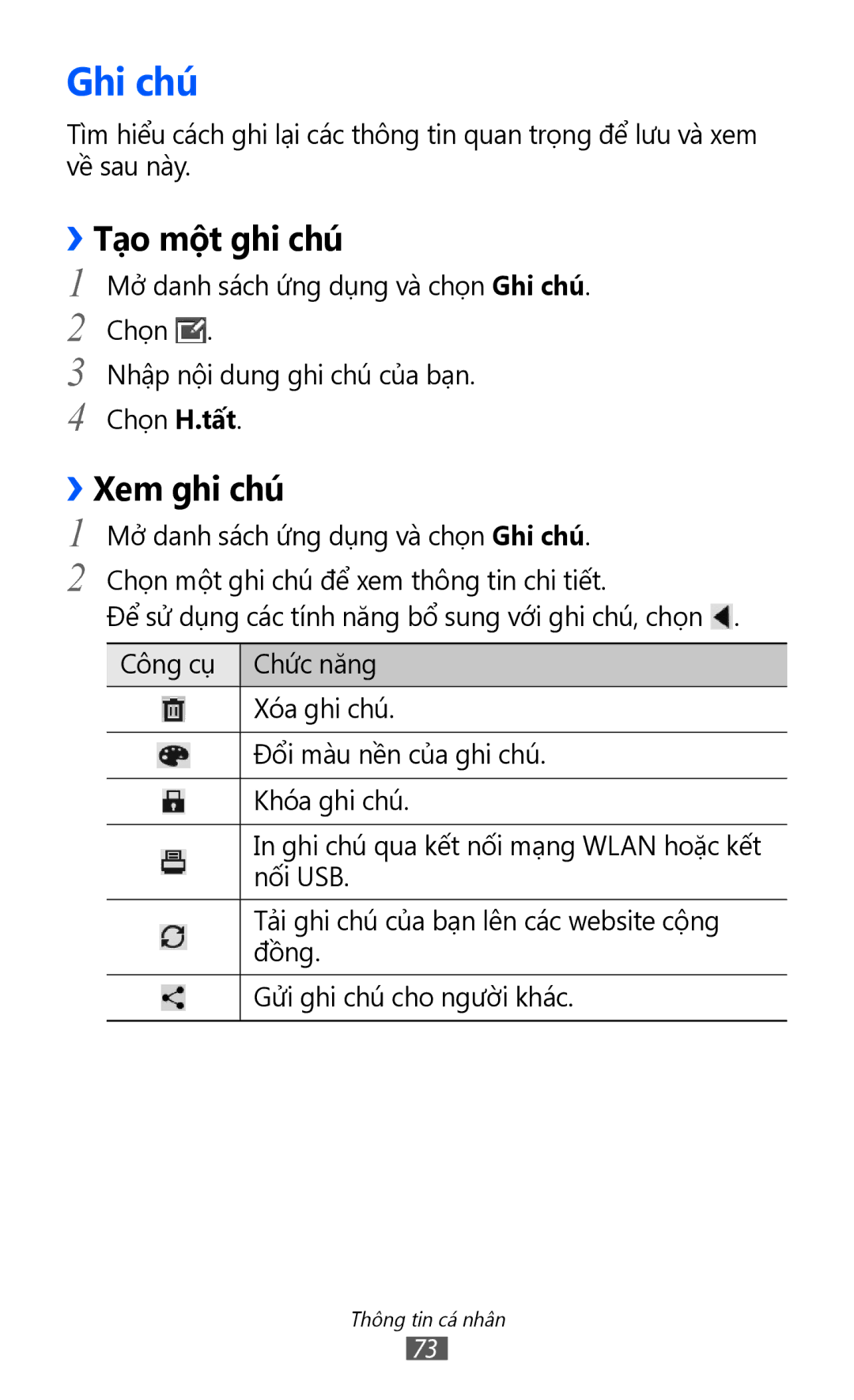 Samsung GT-P7310FKAXEV, GT-P7310FKAXXV, GT-P7310UWAXEV, GT-P7310UWAXXV manual Ghi chú, ››Tạo một ghi chú, ››Xem ghi chú 