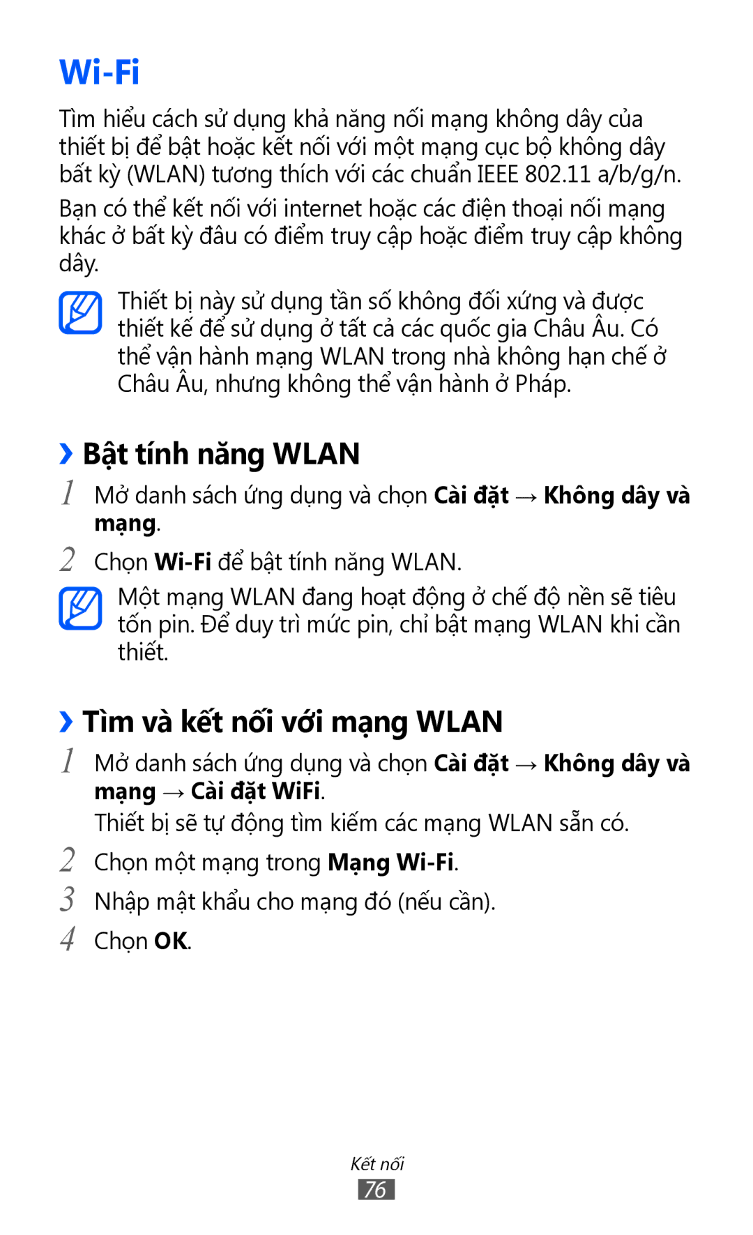 Samsung GT-P7310FKAXXV, GT-P7310FKAXEV, GT-P7310UWAXEV manual Wi-Fi, ››Bật tính năng Wlan, ››Tì̀m và kết nối với mạng Wlan 