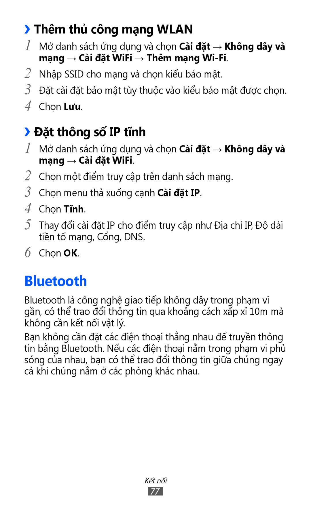 Samsung GT-P7310FKAXEV, GT-P7310FKAXXV, GT-P7310UWAXEV manual Bluetooth, ››Thêm thủ công mạng Wlan, ››Đặt thông số IP tĩnh 