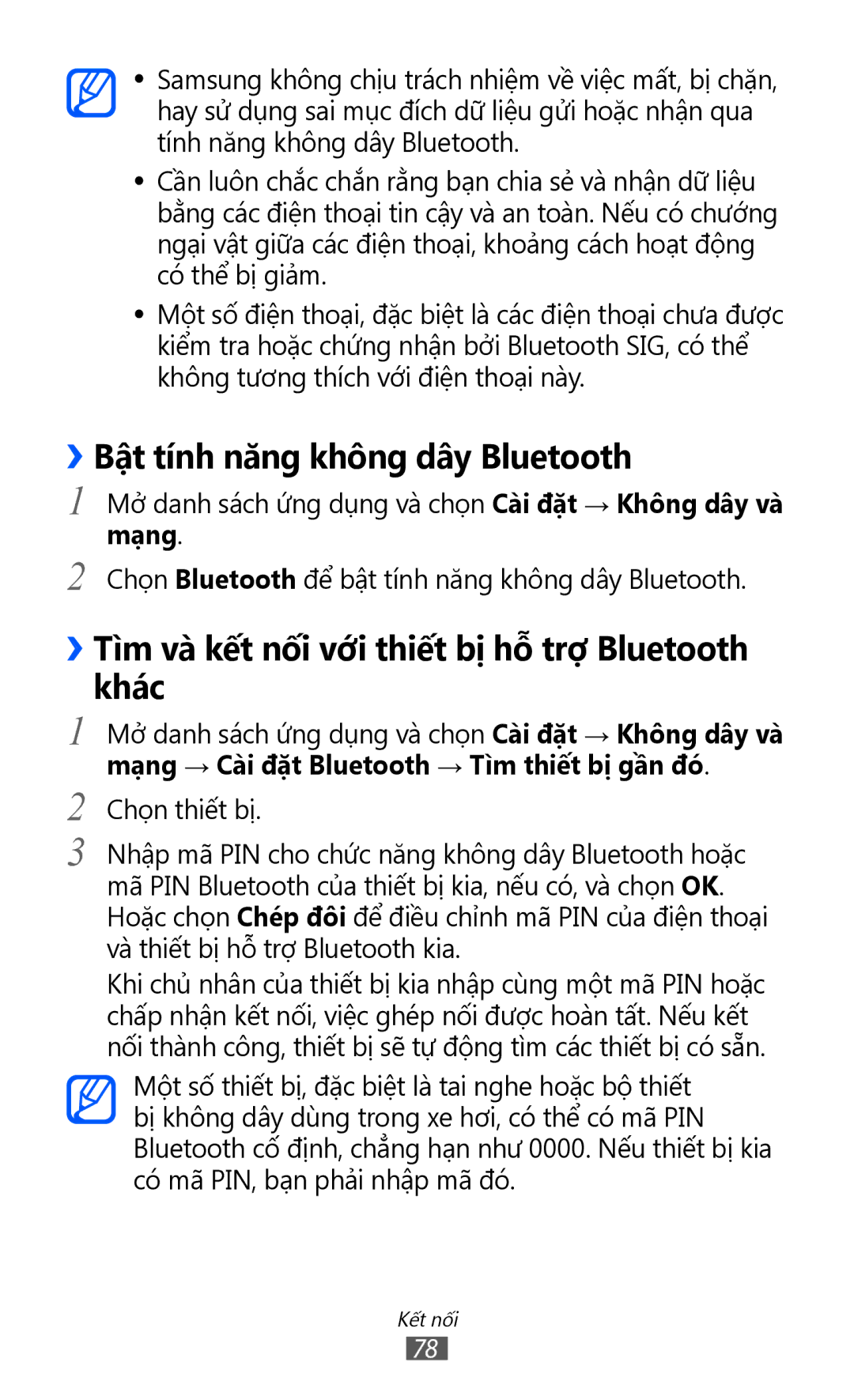 Samsung GT-P7310UWAXEV manual ››Bật tính năng không dây Bluetooth, ››Tì̀m và kết nối với thiết bị hỗ trợ Bluetooth khác 