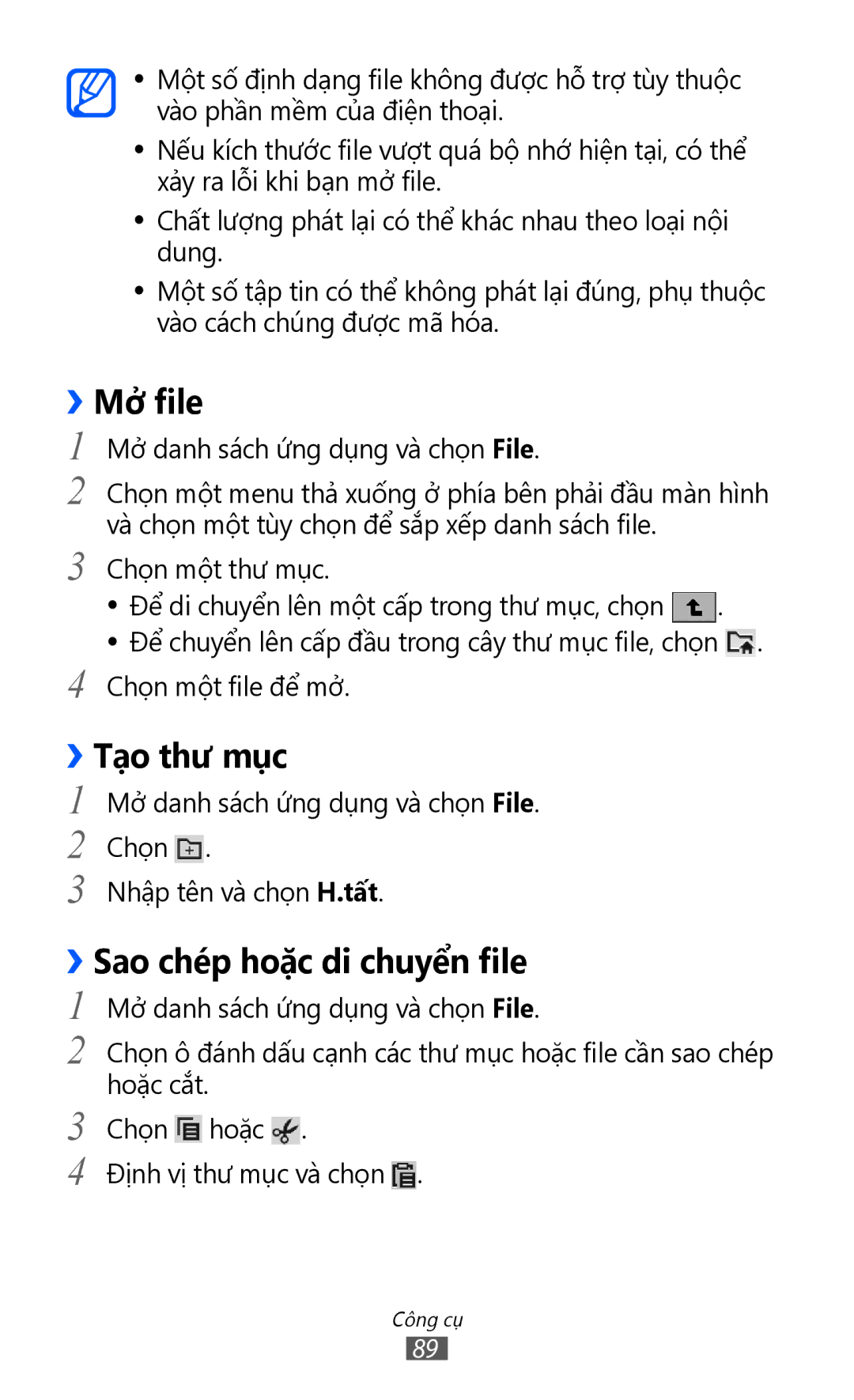 Samsung GT-P7310FKAXEV, GT-P7310FKAXXV, GT-P7310UWAXEV manual ››Mở file, ››Tạo thư mục, ››Sao chép hoặc di chuyển file 