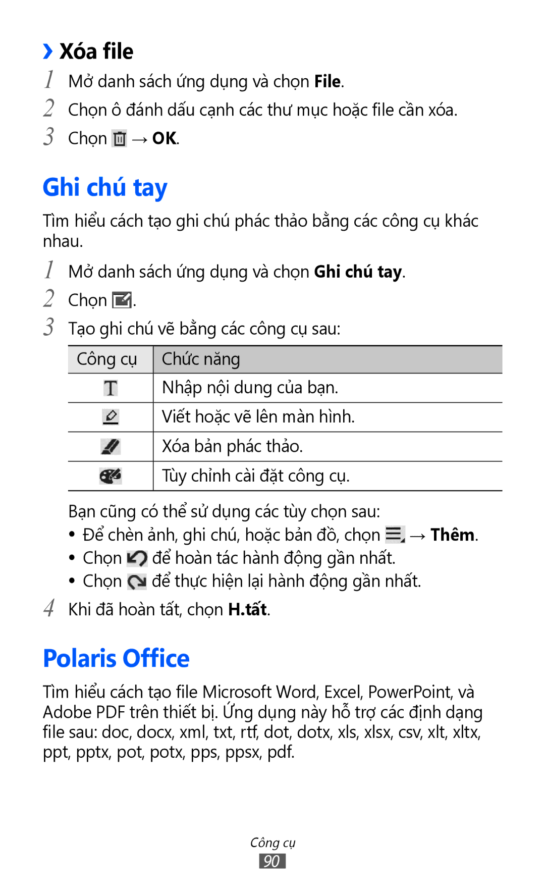 Samsung GT-P7310UWAXEV, GT-P7310FKAXXV, GT-P7310FKAXEV, GT-P7310UWAXXV manual Ghi chú tay, Polaris Office, ››Xóa file 