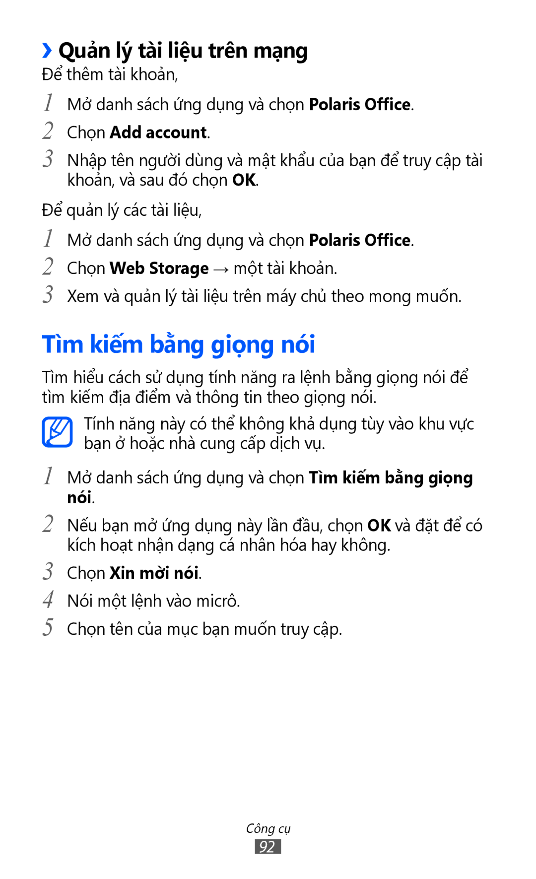 Samsung GT-P7310FKAXXV manual Tì̀m kiếm bằng giọng nói, ››Quả̉n lý tài liệu trên mạng, Chọn Add account, Chọn Xin mơi noi 