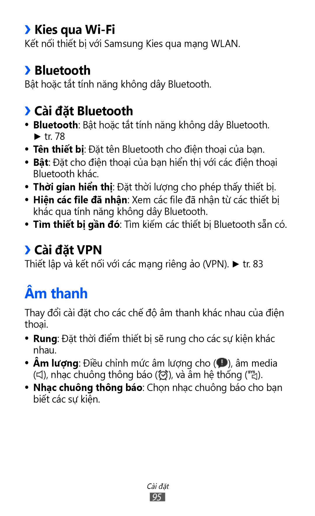 Samsung GT-P7310UWAXXV, GT-P7310FKAXXV manual Âm thanh, ››Kies qua Wi-Fi, ››Bluetooth, ››Cài đặt Bluetooth, ››Cài đặt VPN 