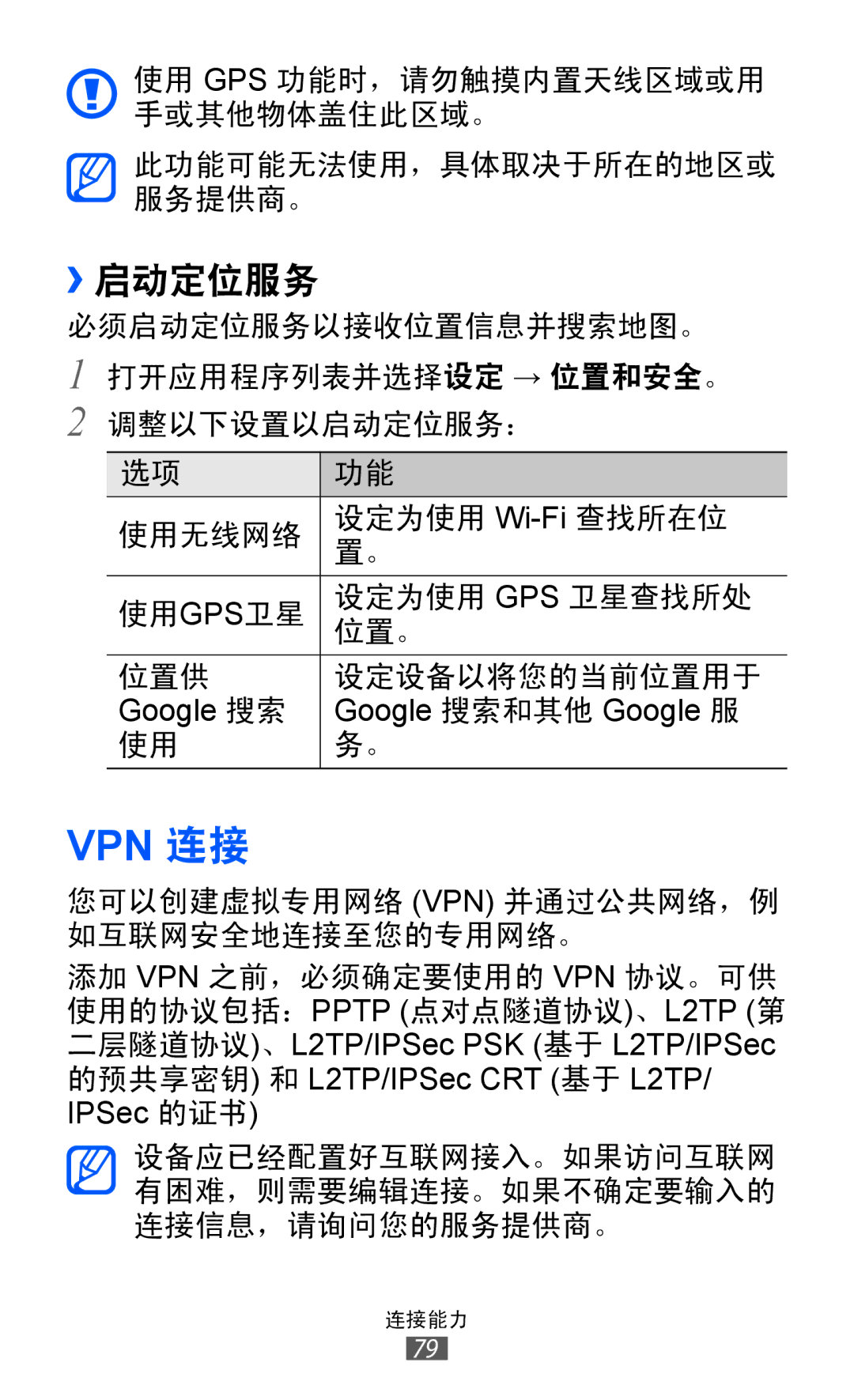 Samsung GT-P7310UWAXXV, GT-P7310FKAXXV, GT-P7310FKAXEV, GT-P7310UWAXEV manual Vpn 连接, ››启动定位服务 