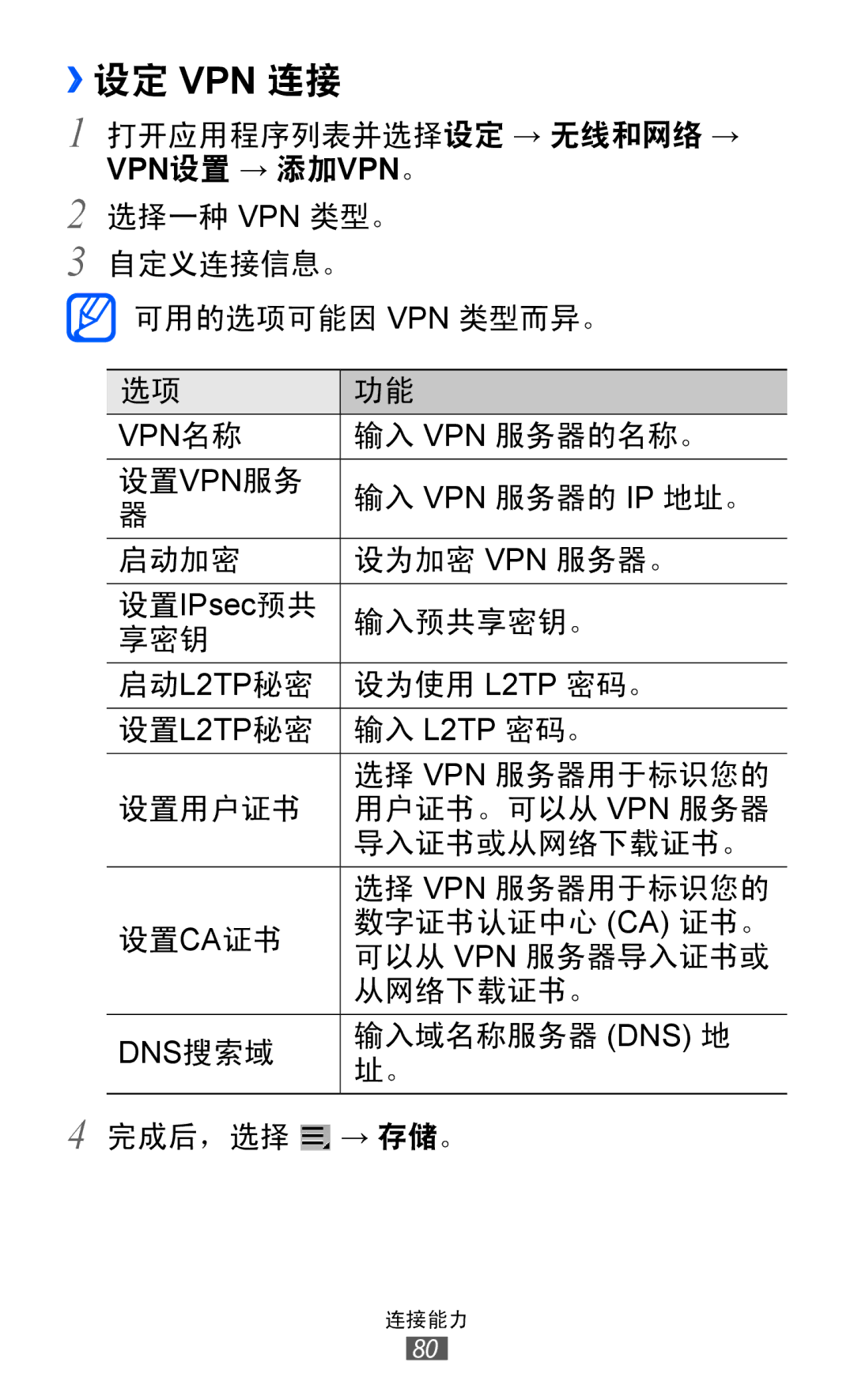 Samsung GT-P7310FKAXXV, GT-P7310FKAXEV, GT-P7310UWAXEV, GT-P7310UWAXXV manual ››设定 Vpn 连接, Vpn设置 → 添加vpn。 