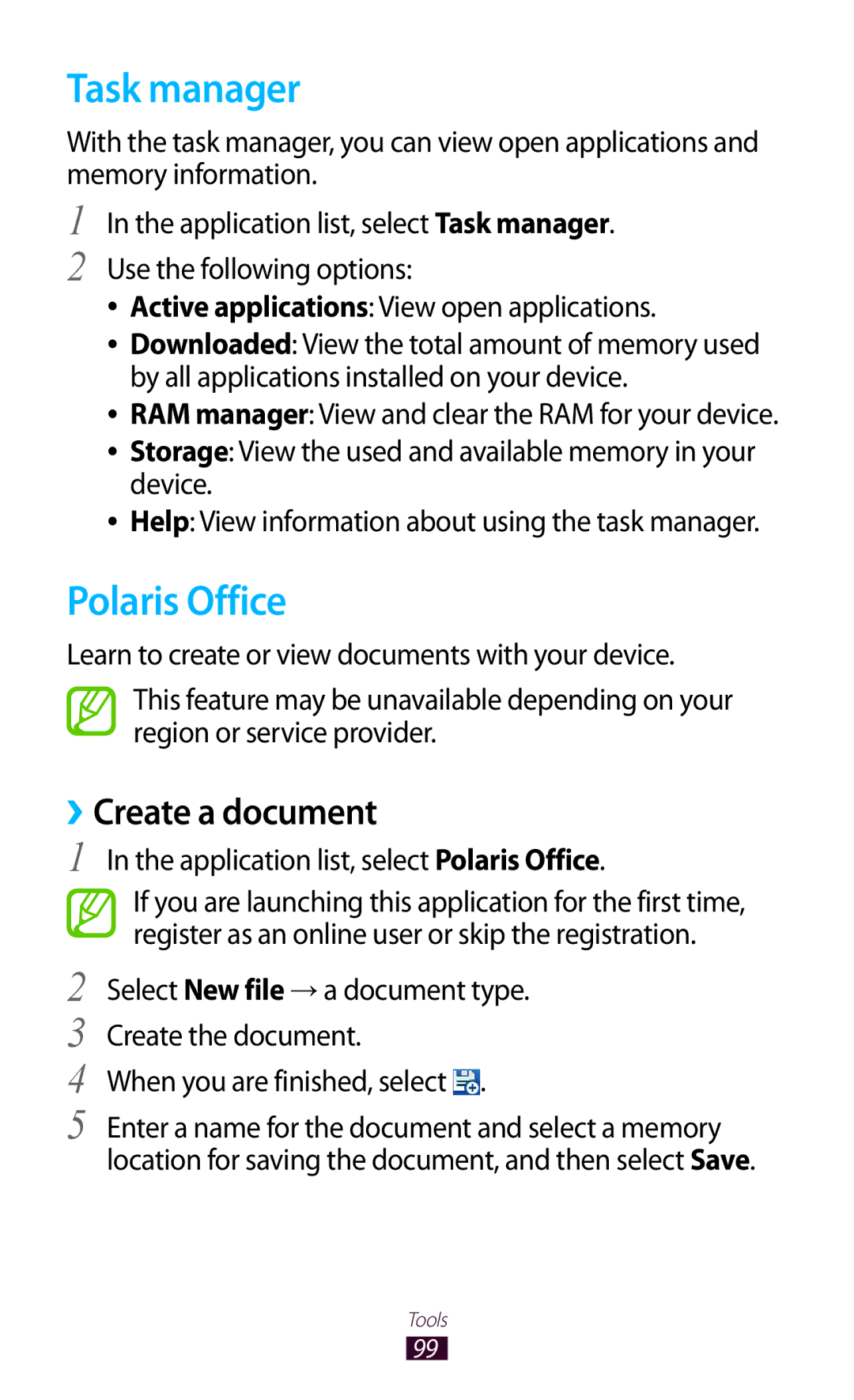 Samsung GT-P7310FKATMC, GT-P7310FKEKSA manual Task manager, ››Create a document, Application list, select Polaris Office 