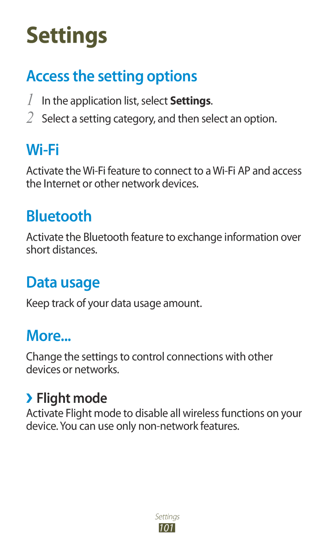 Samsung GT-P7310FKAXSG Access the setting options, Data usage, More, ››Flight mode, Keep track of your data usage amount 