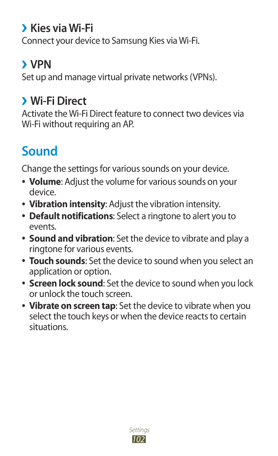 Samsung GT-P7310FKASAC manual Sound, ››Kies via Wi-Fi, ››Wi-Fi Direct, Connect your device to Samsung Kies via Wi-Fi 