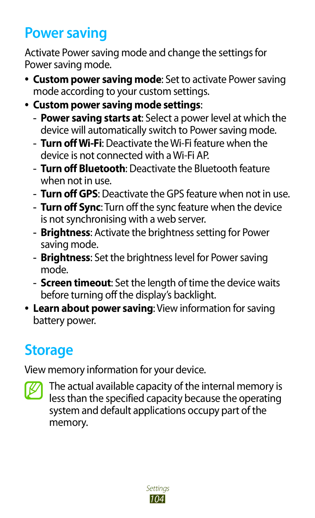 Samsung GT-P7310UWEKSA, GT-P7310FKEKSA, GT-P7310FKAKSA, GT-P7310FKEJED, GT-P7310UWAKSA, GT-P7310FKAJED Power saving, Storage 