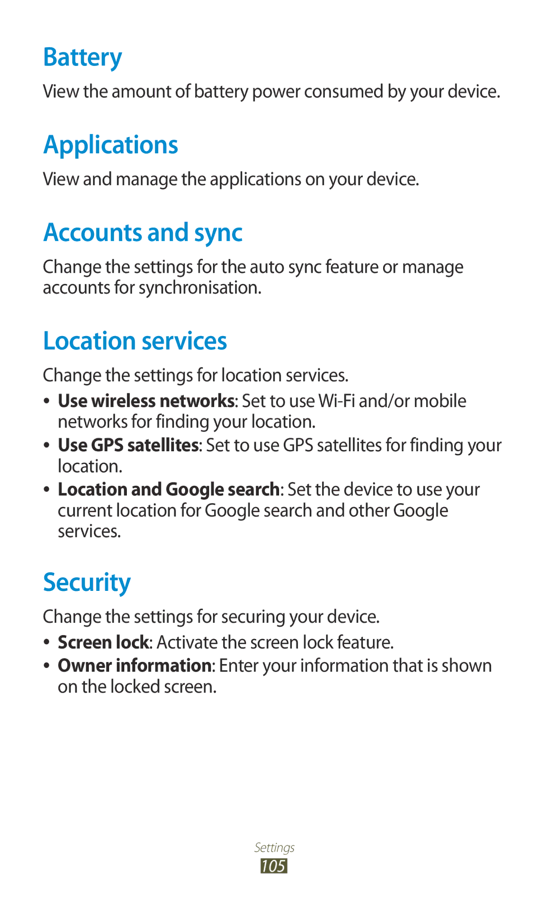 Samsung GT-P7310UWEJED, GT-P7310FKEKSA manual Battery, Applications, Accounts and sync, Location services, Security 