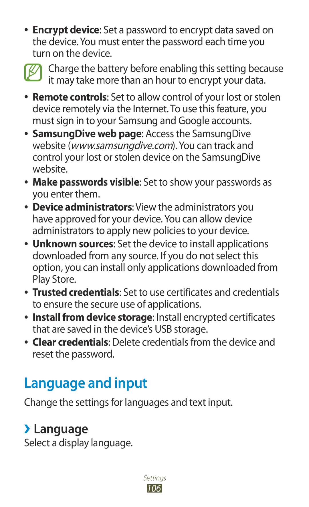 Samsung GT-P7310UWAJED, GT-P7310FKEKSA Language and input, ››Language, Change the settings for languages and text input 