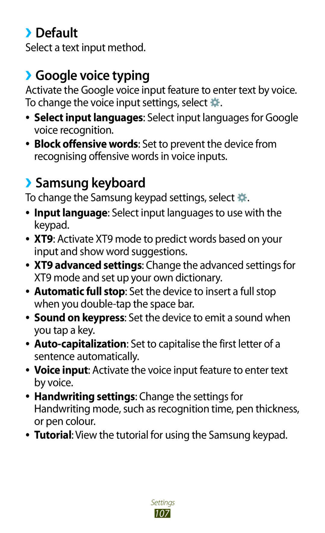 Samsung GT-P7310FKAXXV, GT-P7310FKEKSA ››Default, ››Google voice typing, ››Samsung keyboard, Select a text input method 