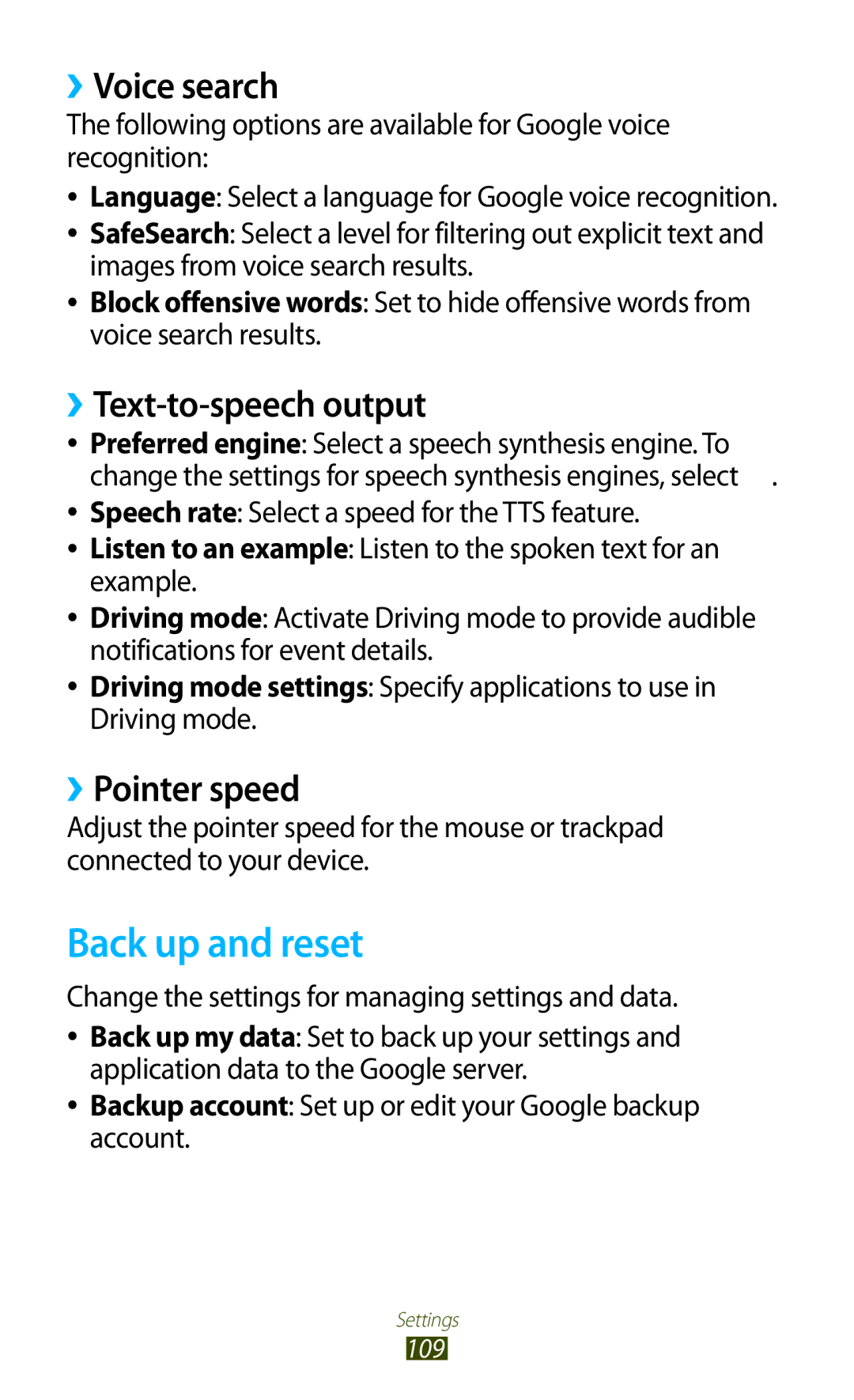 Samsung GT-P7310UWAXEV, GT-P7310FKEKSA manual Back up and reset, ››Voice search, ››Text-to-speech output, ››Pointer speed 