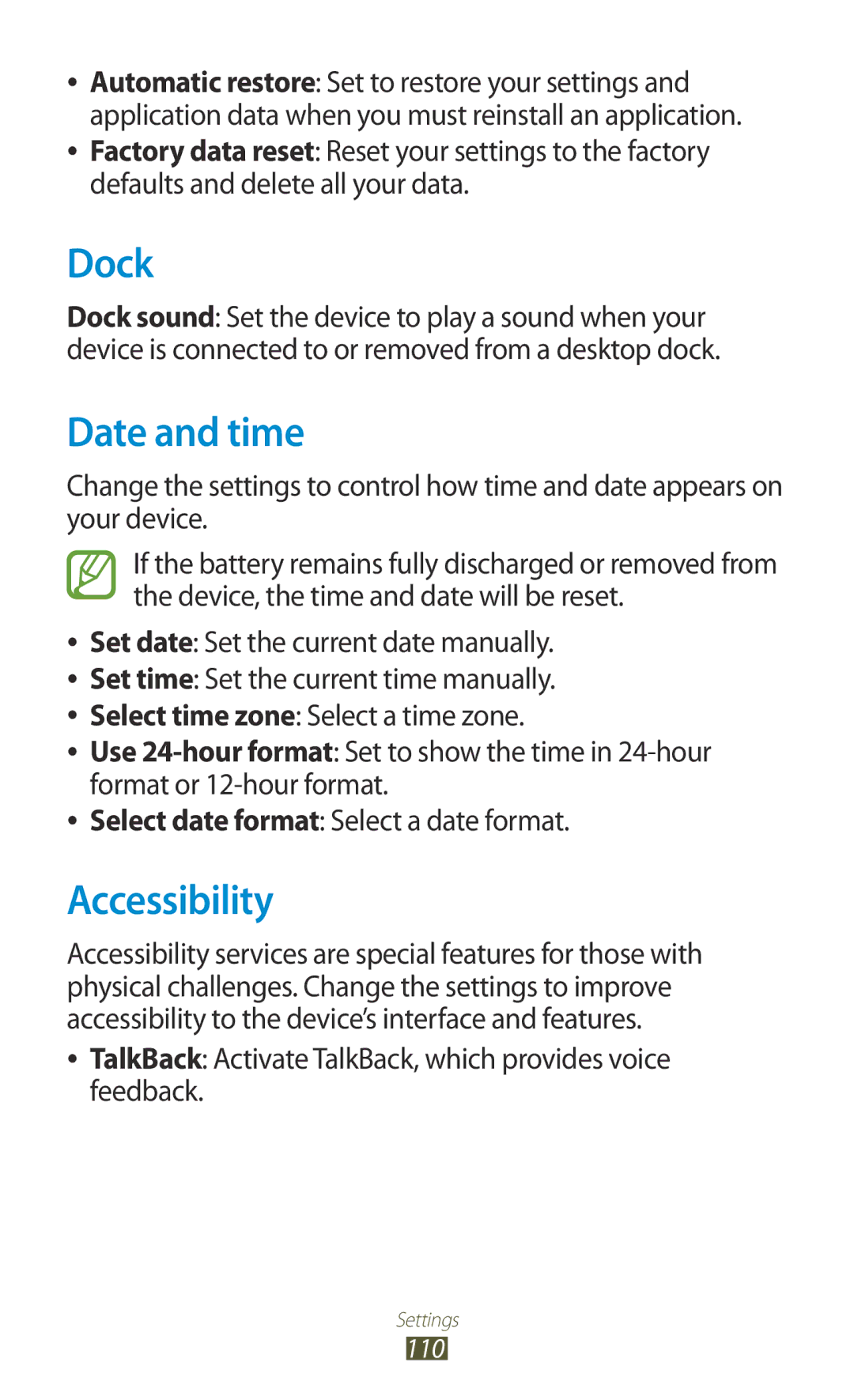 Samsung GT-P7310UWAXXV manual Dock, Date and time, Accessibility, TalkBack Activate TalkBack, which provides voice feedback 