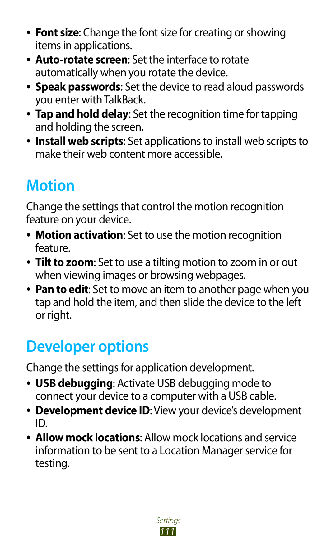 Samsung GT-P7310FKAILO, GT-P7310FKEKSA manual Motion, Developer options, Change the settings for application development 