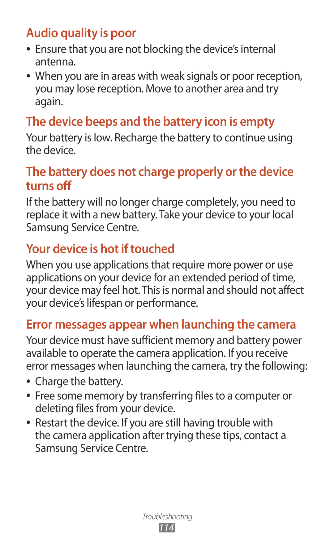 Samsung GT-P7310FKAKSA, GT-P7310FKEKSA, GT-P7310FKEJED, GT-P7310UWAKSA manual Device beeps and the battery icon is empty 