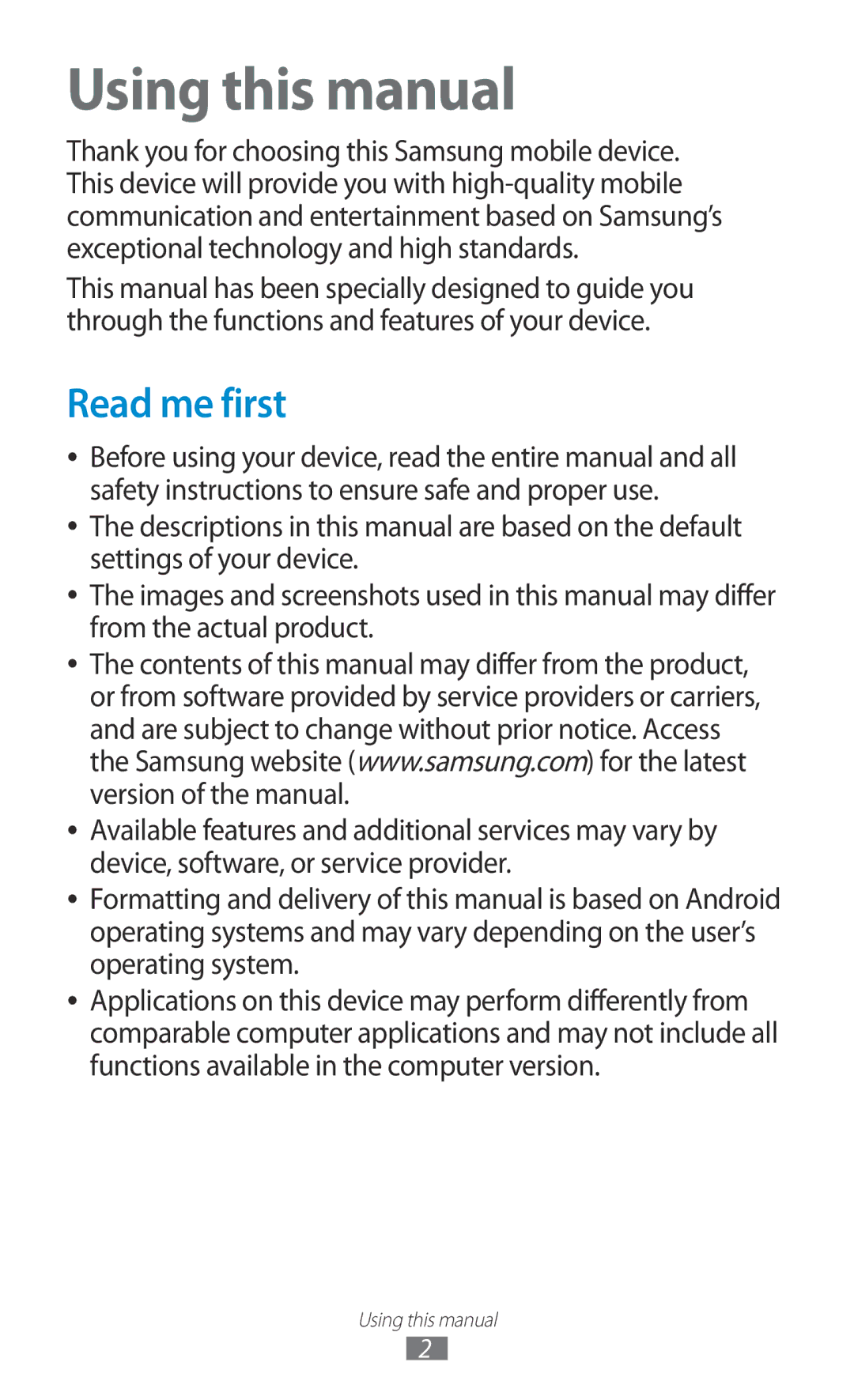 Samsung GT-P7310UWAKSA, GT-P7310FKEKSA, GT-P7310FKAKSA, GT-P7310FKEJED, GT-P7310FKAJED Using this manual, Read me first 