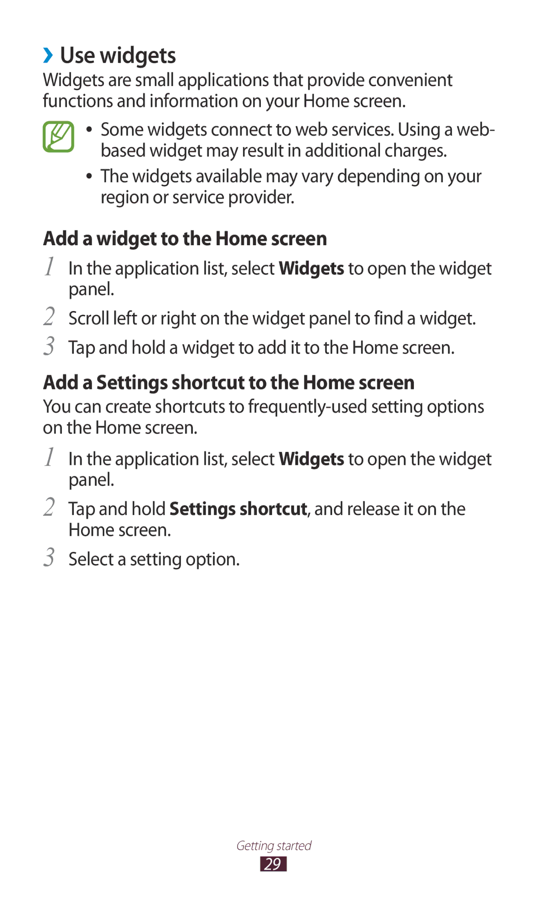 Samsung GT-P7310UWEJED, GT-P7310FKEKSA manual ››Use widgets, Application list, select Widgets to open the widget panel 