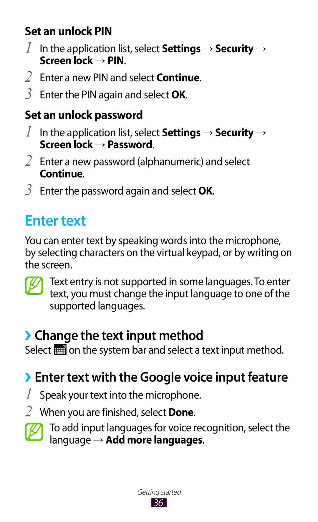 Samsung GT-P7310UWAILO manual Enter text, ››Change the text input method, Screen lock → PIN, Screen lock → Password 