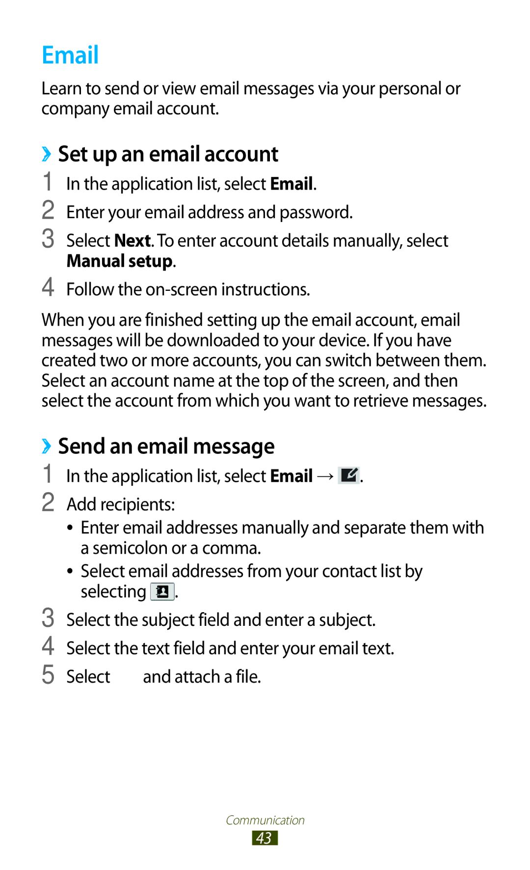 Samsung GT-P7310UWAABS, GT-P7310FKEKSA, GT-P7310FKAKSA, GT-P7310FKEJED, GT-P7310UWAKSA manual ››Set up an email account 