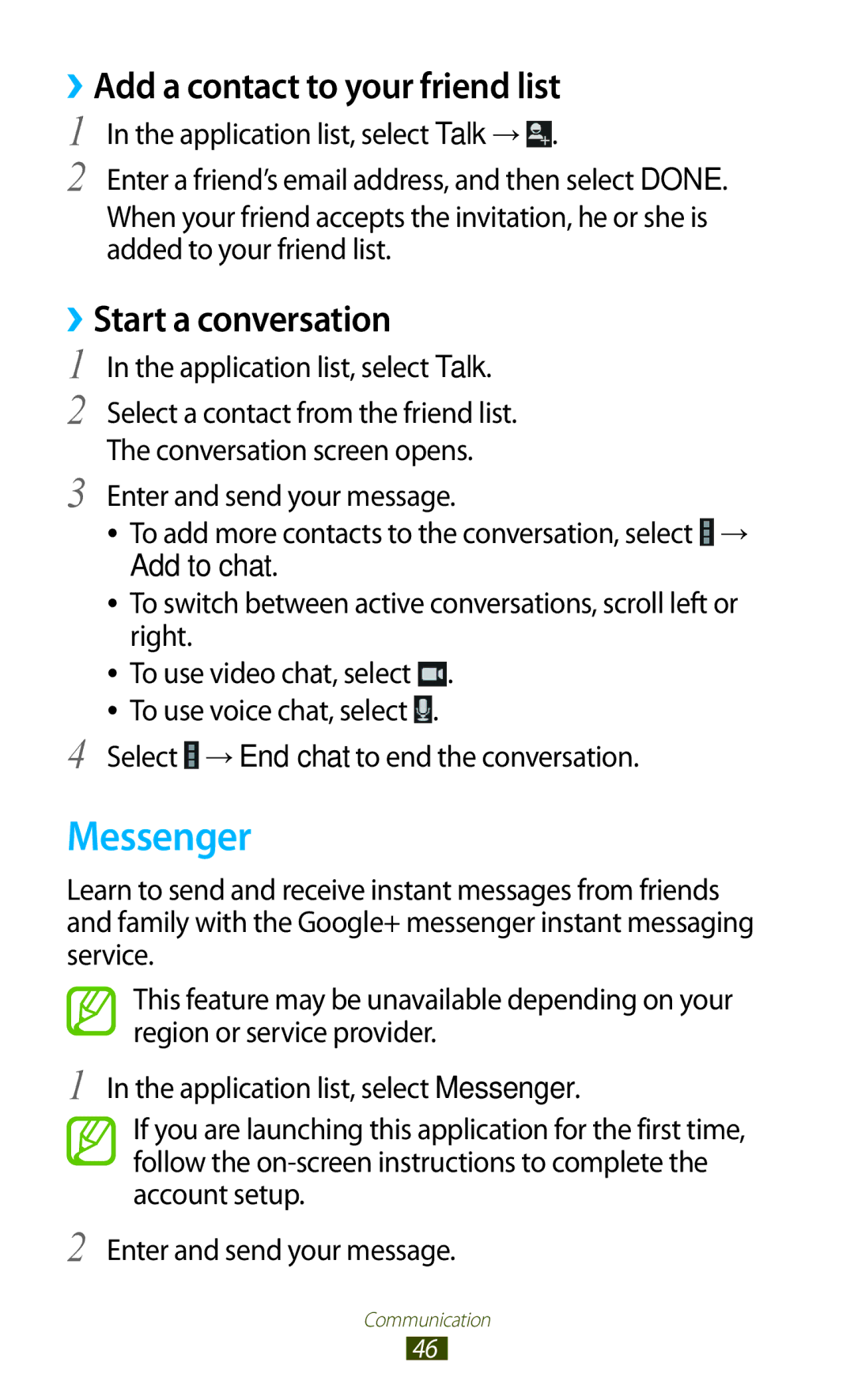 Samsung GT-P7310UWAXSG, GT-P7310FKEKSA manual Messenger, ››Add a contact to your friend list, ››Start a conversation 