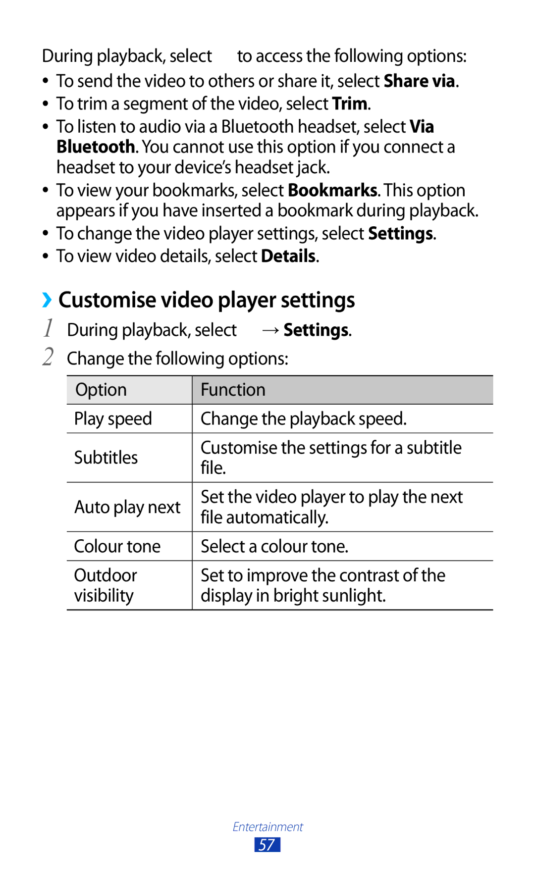 Samsung GT-P7310FKAKSA, GT-P7310FKEKSA, GT-P7310FKEJED, GT-P7310UWAKSA, GT-P7310FKAJED manual ››Customise video player settings 