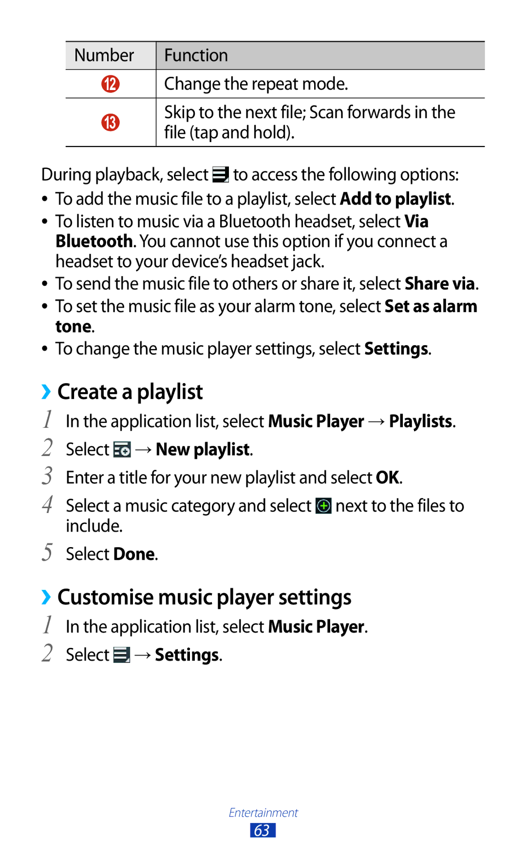 Samsung GT-P7310FKAXSG, GT-P7310FKEKSA Create a playlist, ››Customise music player settings, Tone, Select → New playlist 