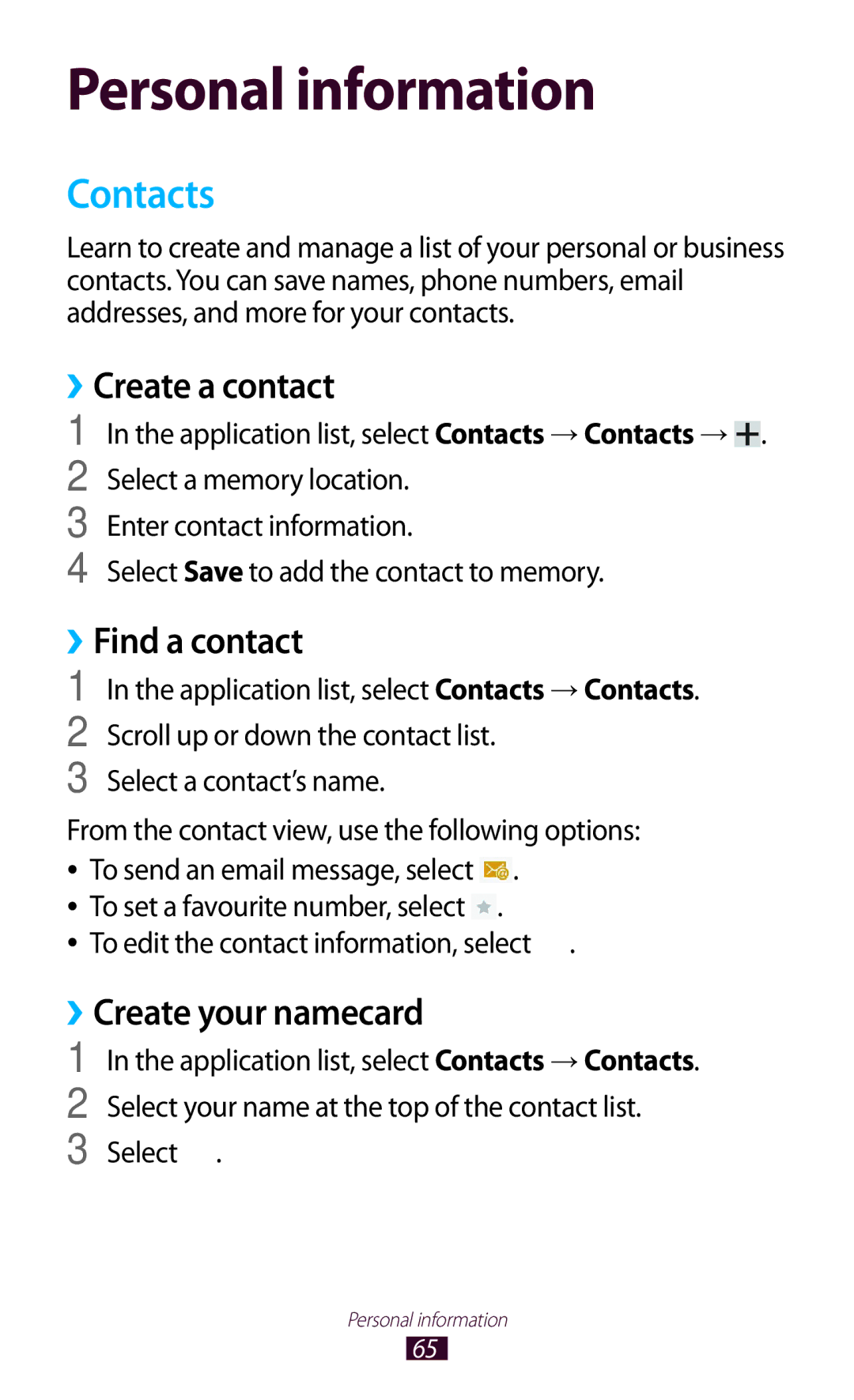 Samsung GT-P7310UWAXSG, GT-P7310FKEKSA manual Contacts, ››Create a contact, ››Find a contact, ››Create your namecard 