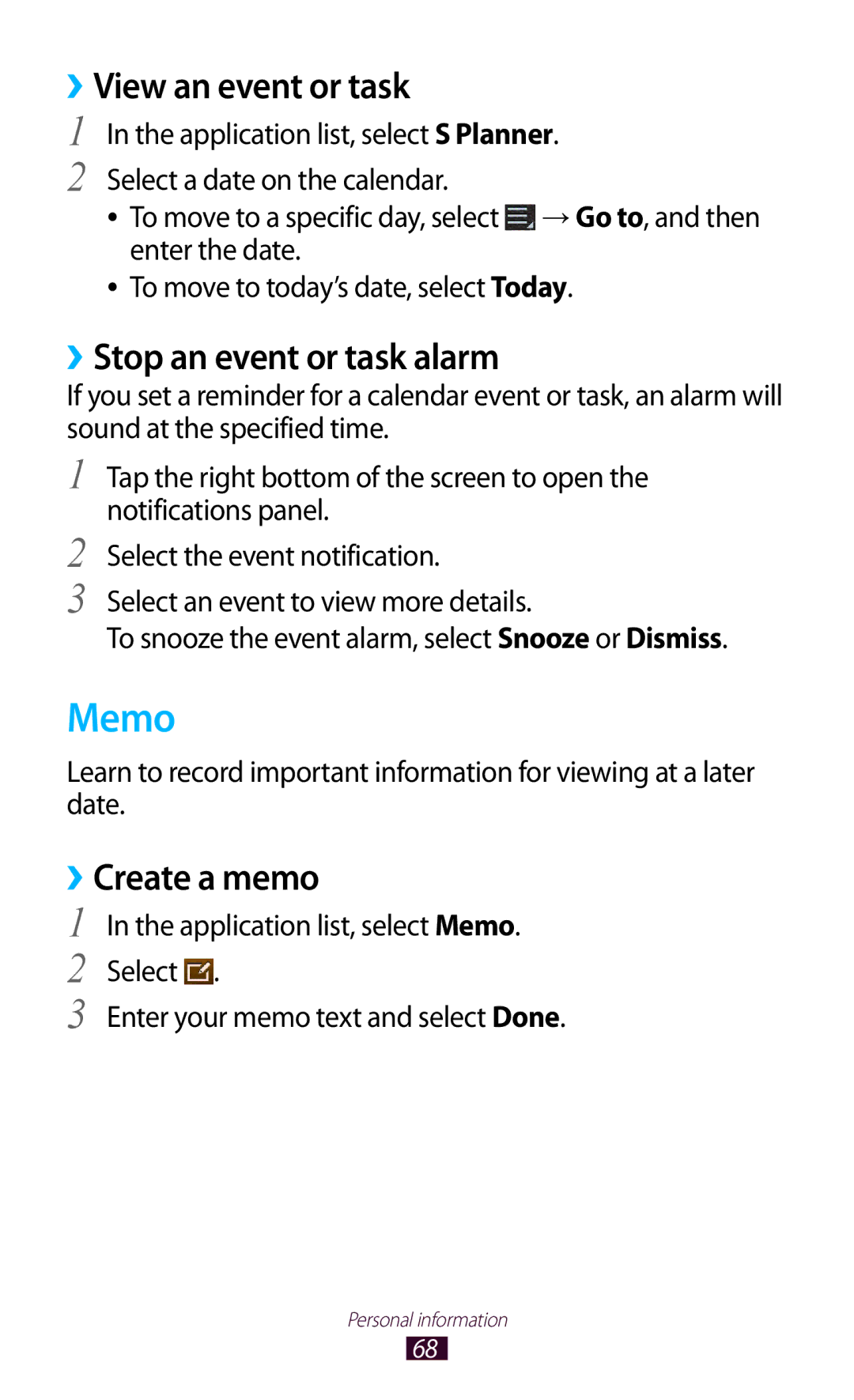 Samsung GT-P7310UWAJED, GT-P7310FKEKSA manual Memo, ››View an event or task, ››Stop an event or task alarm, ››Create a memo 