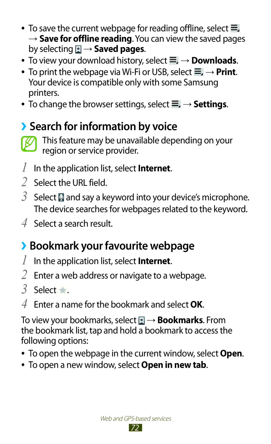 Samsung GT-P7310UWAXXV manual ››Search for information by voice, ››Bookmark your favourite webpage, Select a search result 