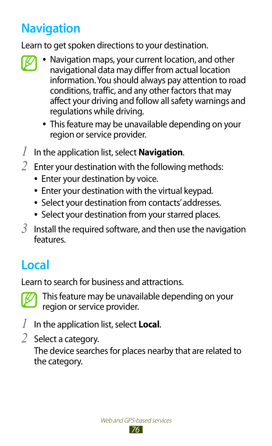 Samsung GT-P7310FKAKSA, GT-P7310FKEKSA manual Navigation, Local, Learn to get spoken directions to your destination 