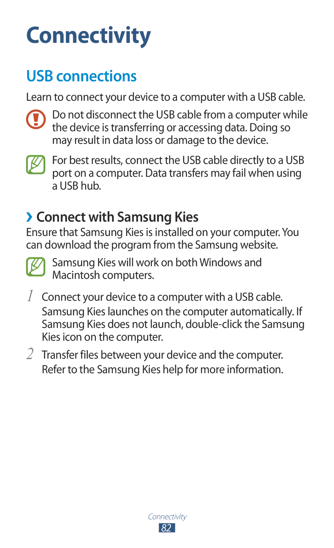 Samsung GT-P7310FKAXSG, GT-P7310FKEKSA, GT-P7310FKAKSA, GT-P7310FKEJED manual USB connections, ››Connect with Samsung Kies 