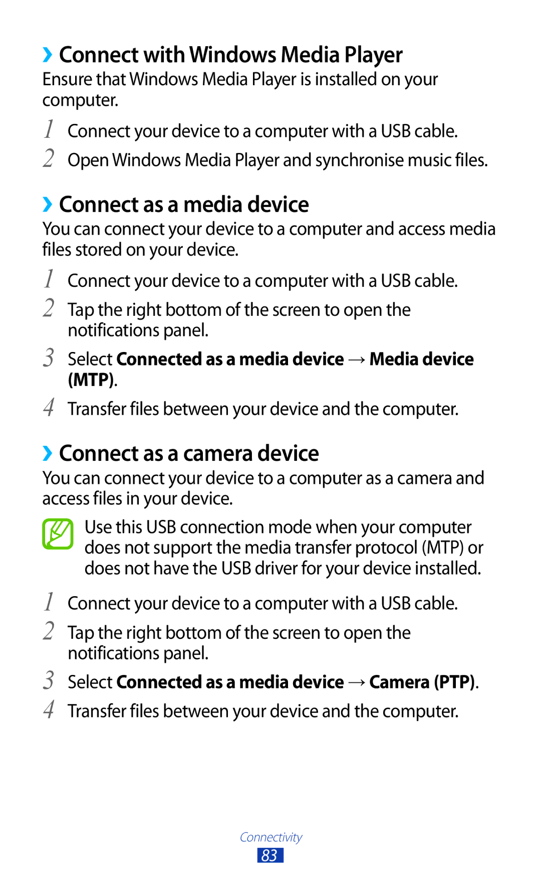 Samsung GT-P7310FKASAC ››Connect with Windows Media Player, ››Connect as a media device, ››Connect as a camera device 