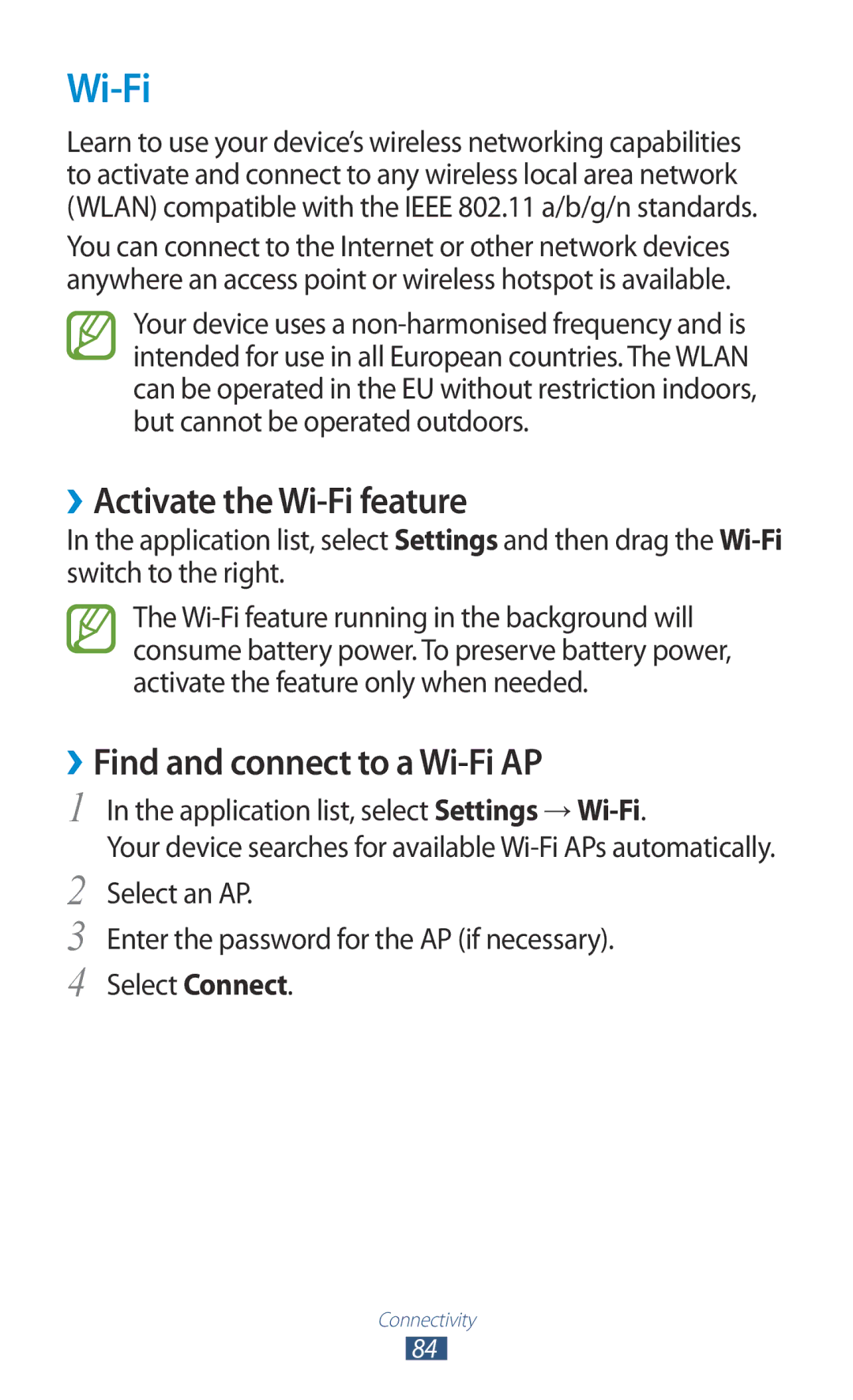 Samsung GT-P7310UWAXSG, GT-P7310FKEKSA, GT-P7310FKAKSA ››Activate the Wi-Fi feature, ››Find and connect to a Wi-Fi AP 