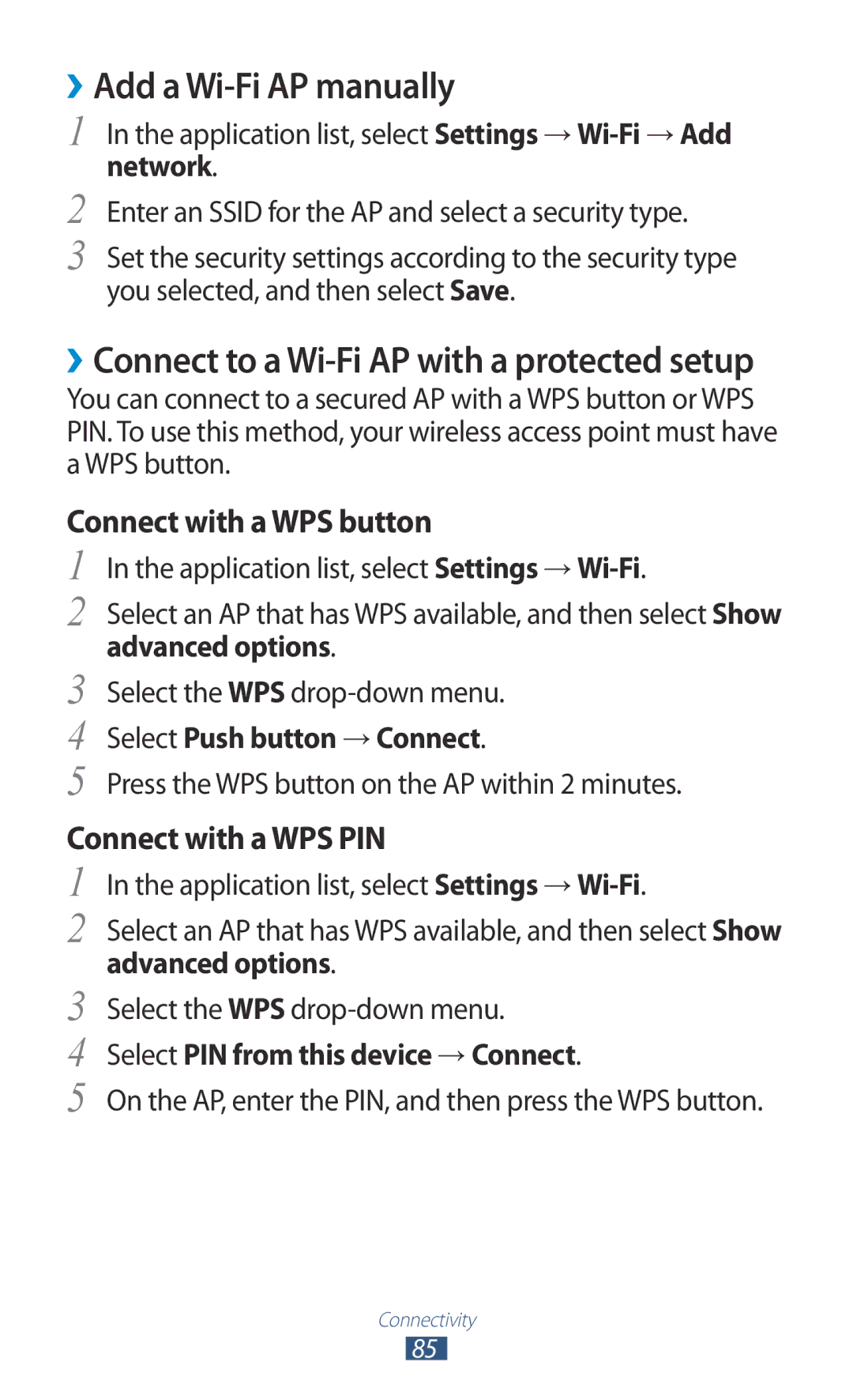 Samsung GT-P7310UWEKSA ››Add a Wi-Fi AP manually, Application list, select Settings → Wi-Fi, Advanced options 