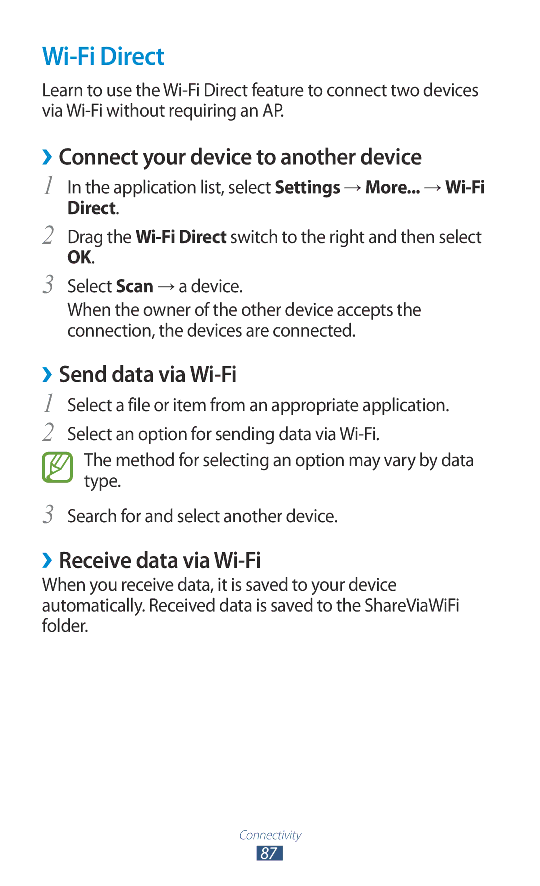 Samsung GT-P7310UWAJED, GT-P7310FKEKSA manual Wi-Fi Direct, ››Connect your device to another device, ››Send data via Wi-Fi 