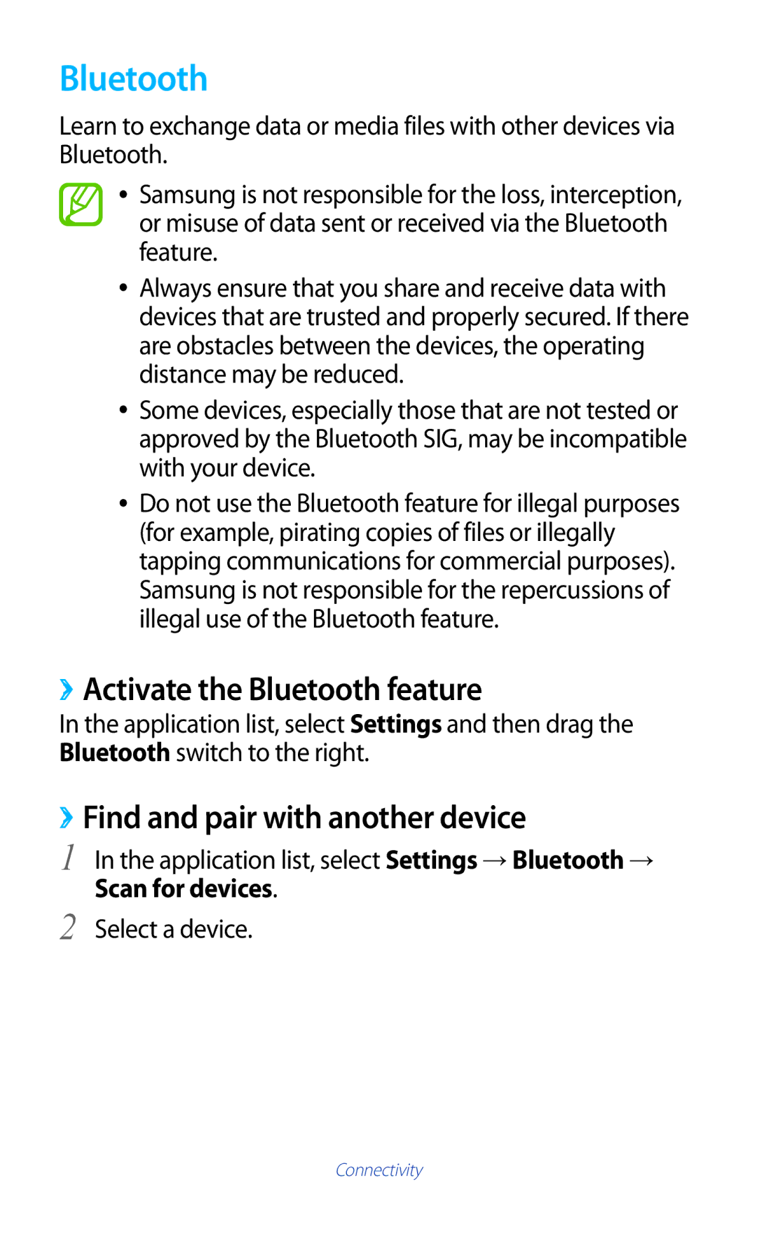 Samsung GT-P7310UWAXEV manual ››Activate the Bluetooth feature, ››Find and pair with another device, Scan for devices 