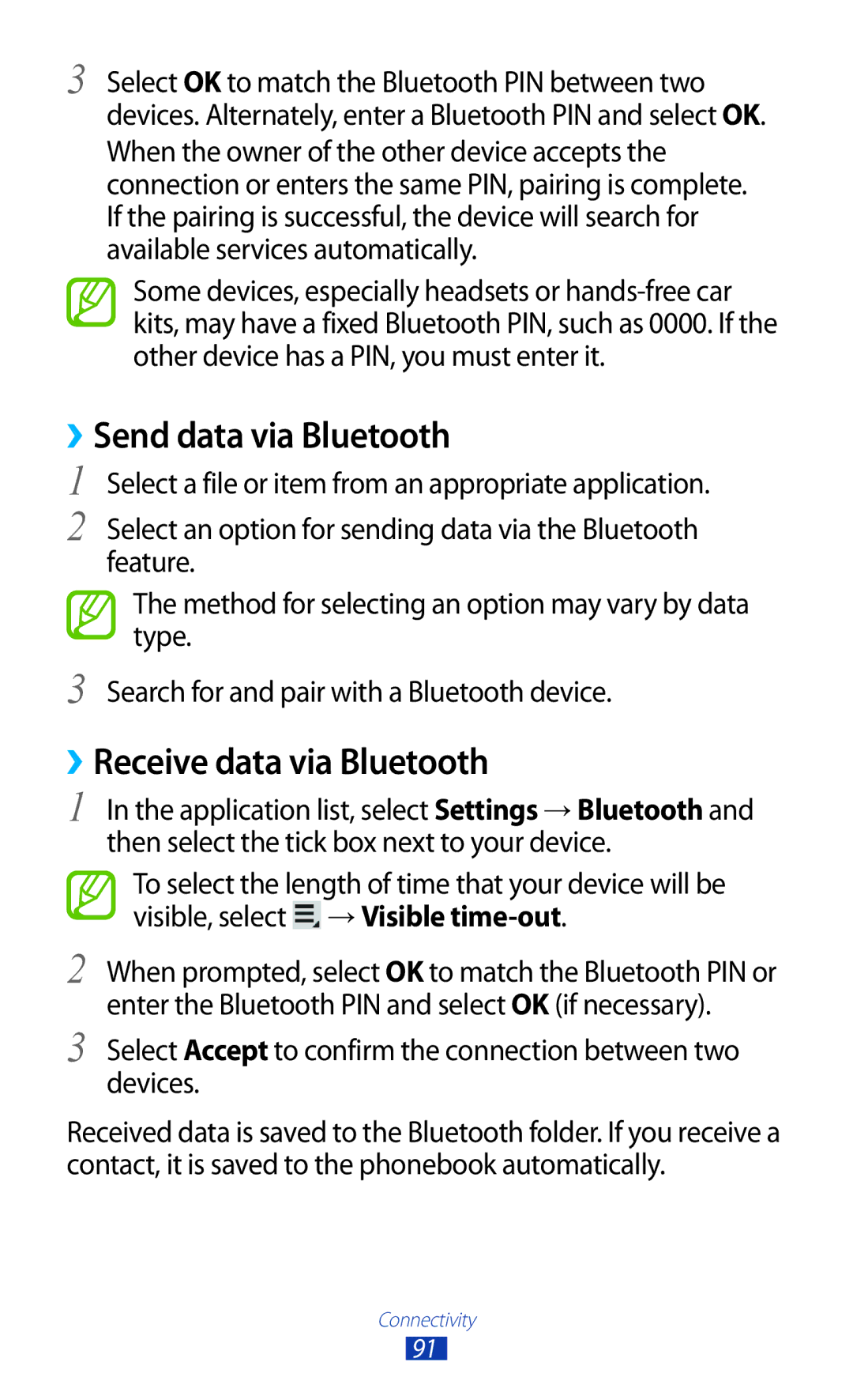 Samsung GT-P7310UWAXXV, GT-P7310FKEKSA, GT-P7310FKAKSA manual ››Send data via Bluetooth, ››Receive data via Bluetooth 