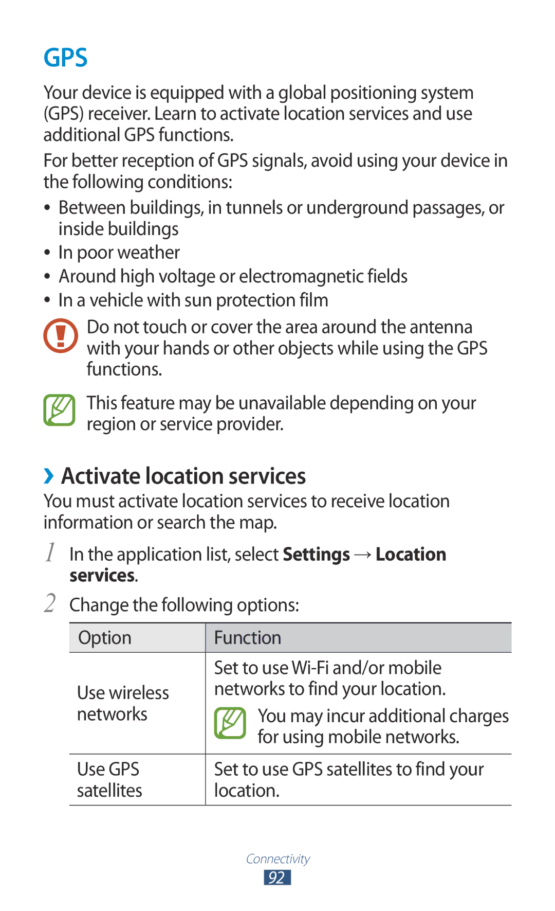 Samsung GT-P7310FKAILO manual ››Activate location services, For using mobile networks, Use GPS, Satellites Location 