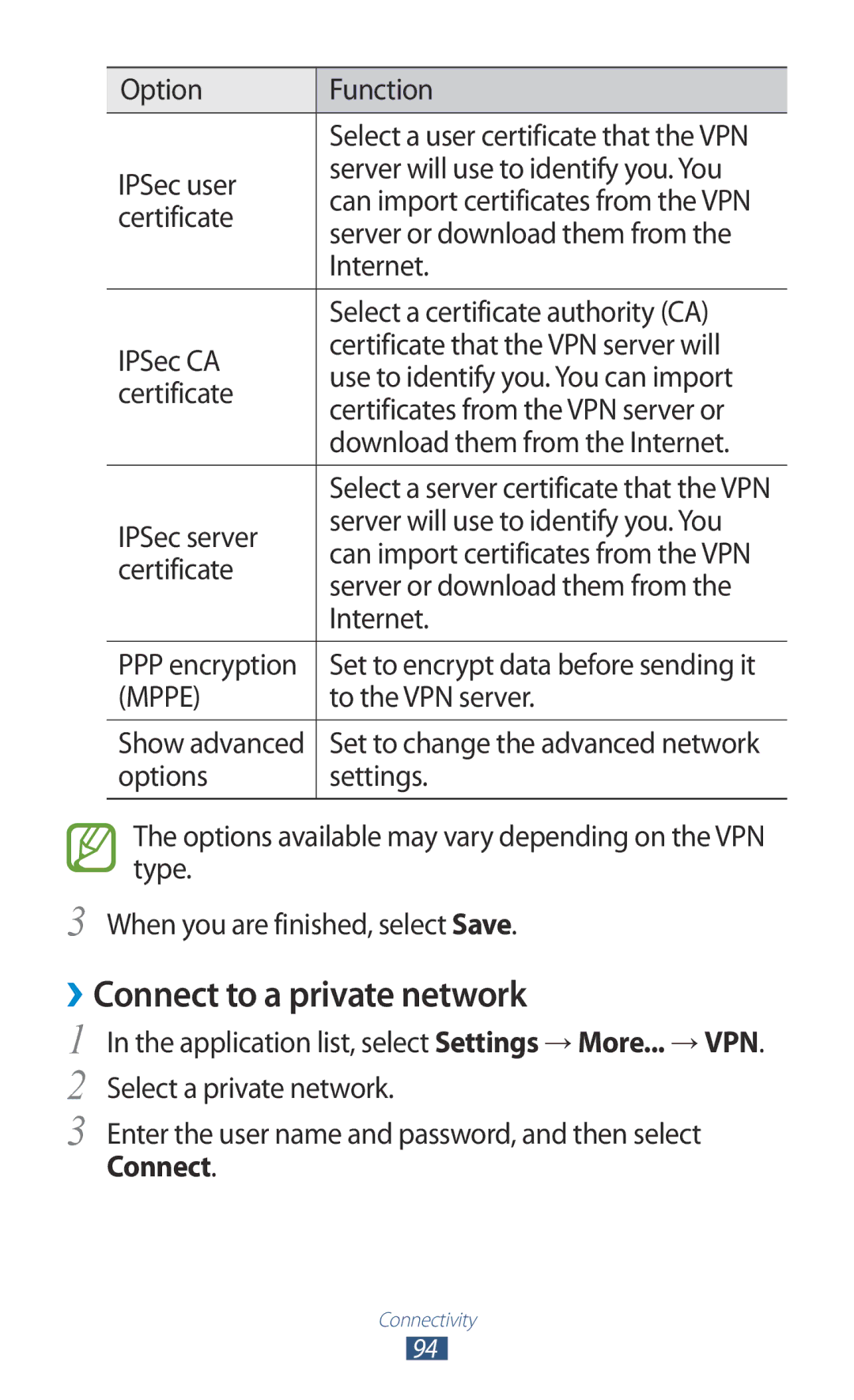 Samsung GT-P7310FKEKSA, GT-P7310FKAKSA, GT-P7310FKEJED, GT-P7310UWAKSA, GT-P7310FKAJED manual ››Connect to a private network 