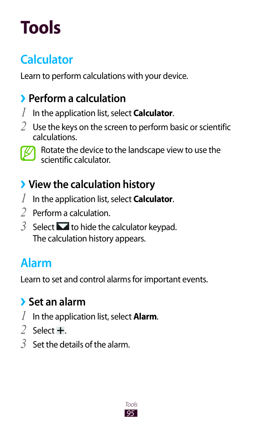 Samsung GT-P7310FKAKSA manual Calculator, Alarm, ››Perform a calculation, ››View the calculation history, ››Set an alarm 