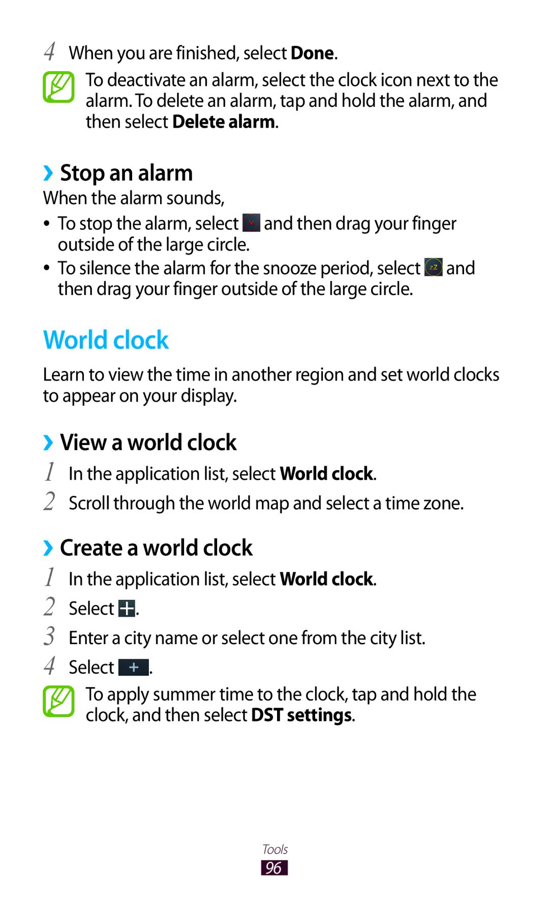 Samsung GT-P7310FKEJED, GT-P7310FKEKSA manual World clock, ››Stop an alarm, View a world clock, Create a world clock 