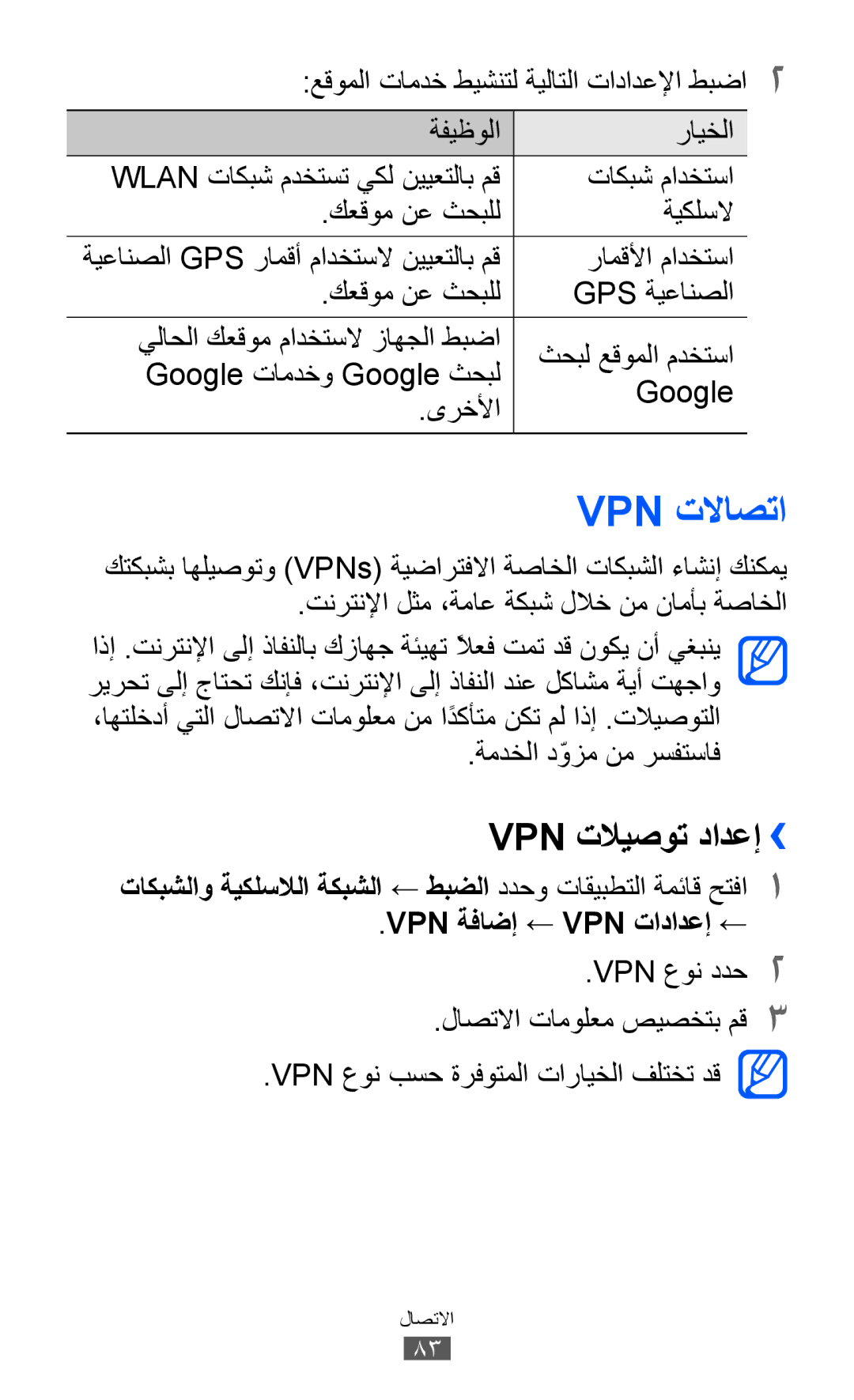 Samsung GT-P7310FKATMC, GT-P7310FKEKSA, GT-P7310FKAKSA manual Vpn تلااصتا, Vpn تلايصوت دادعإ››, ةمدخلا دّوزم نم رسفتساف 