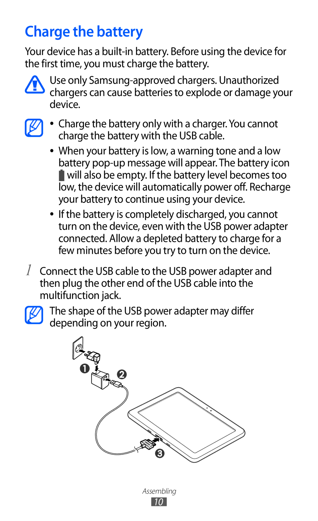 Samsung GT-P7310UWEKSA, GT-P7310FKEKSA, GT-P7310FKAKSA, GT-P7310FKEJED, GT-P7310UWAKSA, GT-P7310FKAJED manual Charge the battery 