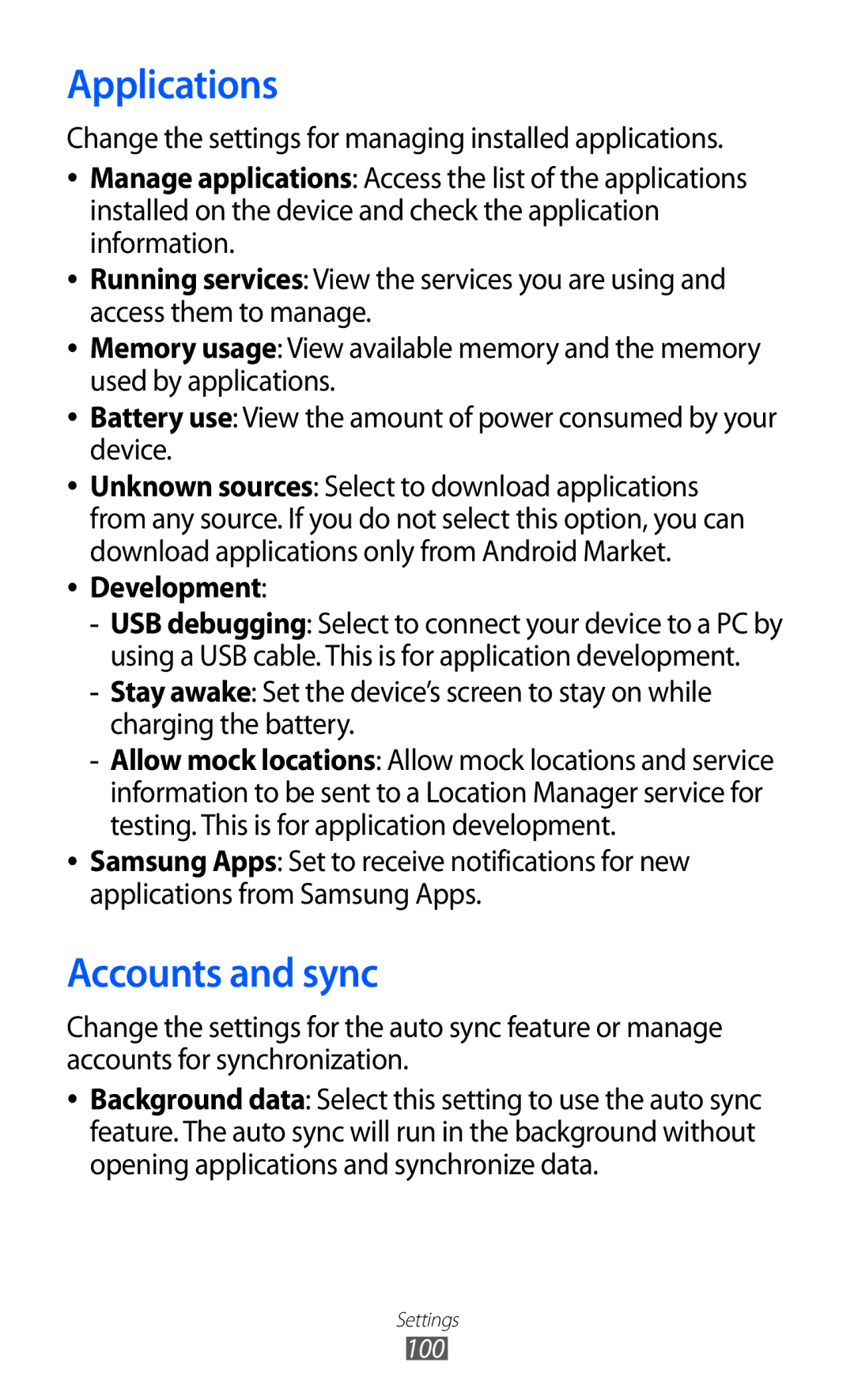 Samsung GT-P7310FKATMC, GT-P7310FKEKSA, GT-P7310FKAKSA, GT-P7310FKEJED manual Applications, Accounts and sync, Development 